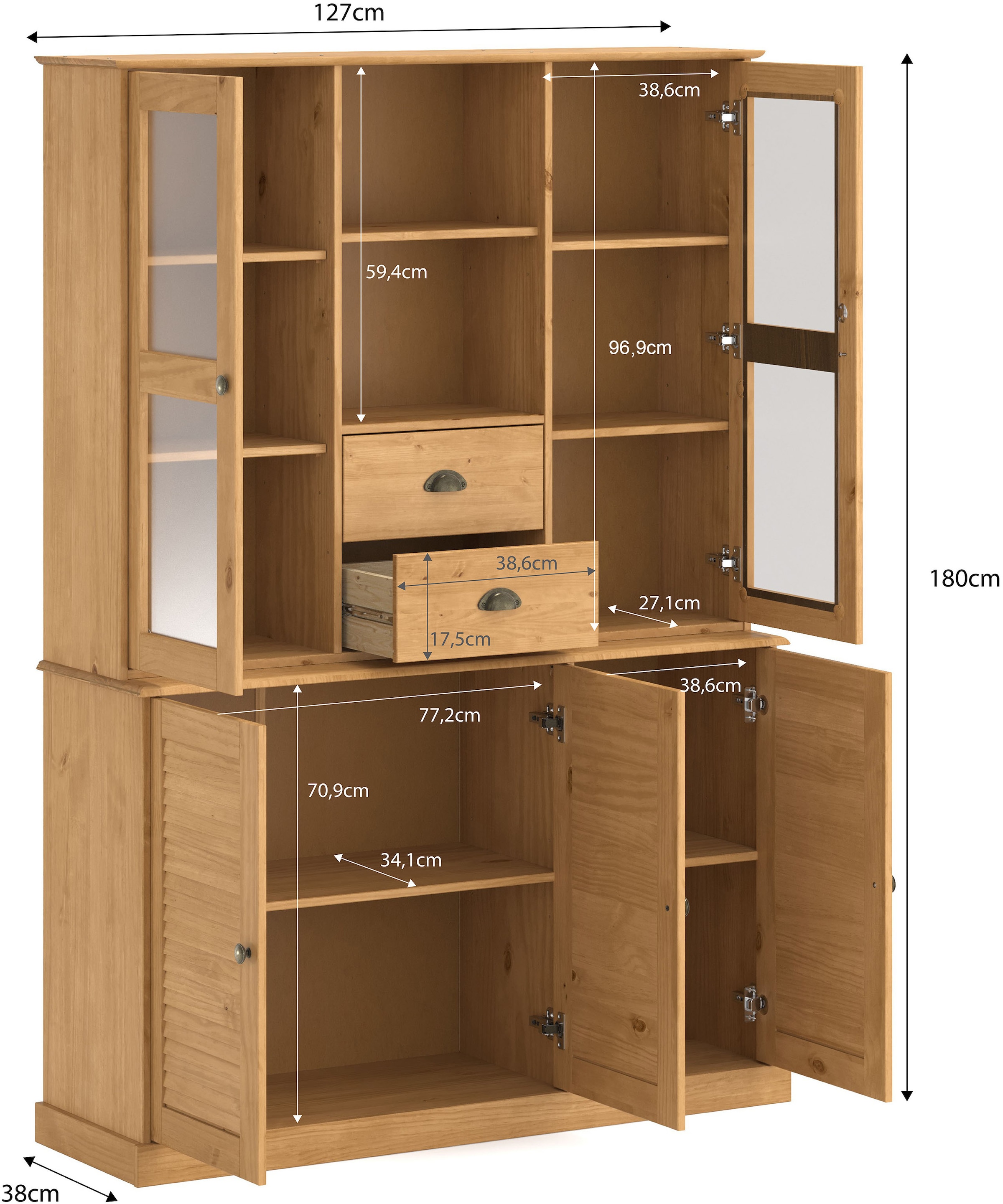 GOODproduct Buffet »Turia« mit Glas- u. Lamellentüren, aus massivem Kiefernholz FSC®, Höhe 180 cm
