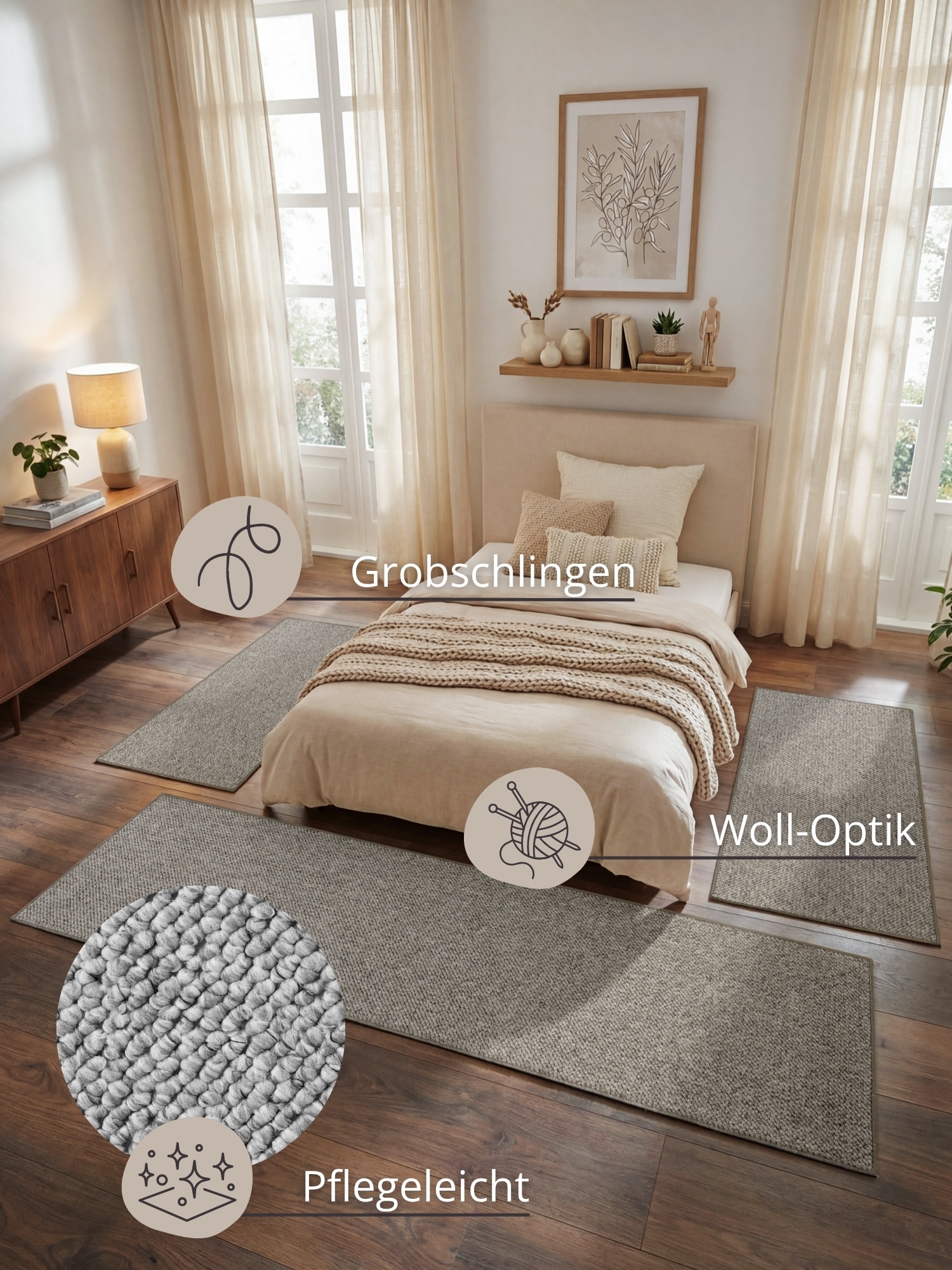 HANSE Home Bordure de lit »Wolly 2« Höhe 12 mm 3 cuis tlg. tapis de lit, set de 3 coureurs, uni, poils courts, coureur de lit