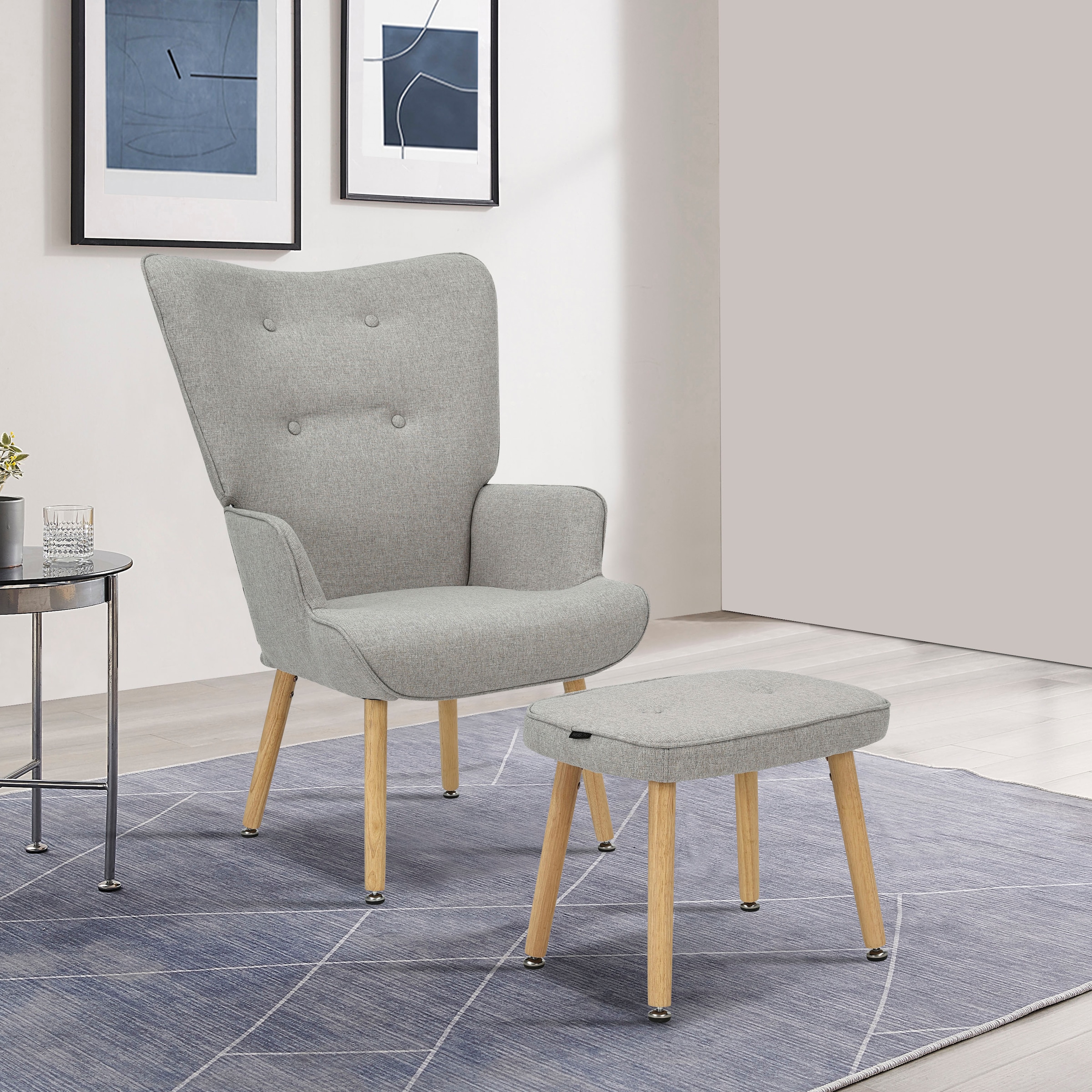 GOODproduct Ohrensessel »PERHAM, Sessel mit Hocker im Set, Knopfheftung, Massivholz-Füsse,« komfortabler Relaxsessel und Sitz-Hocker mit Strukturbezug