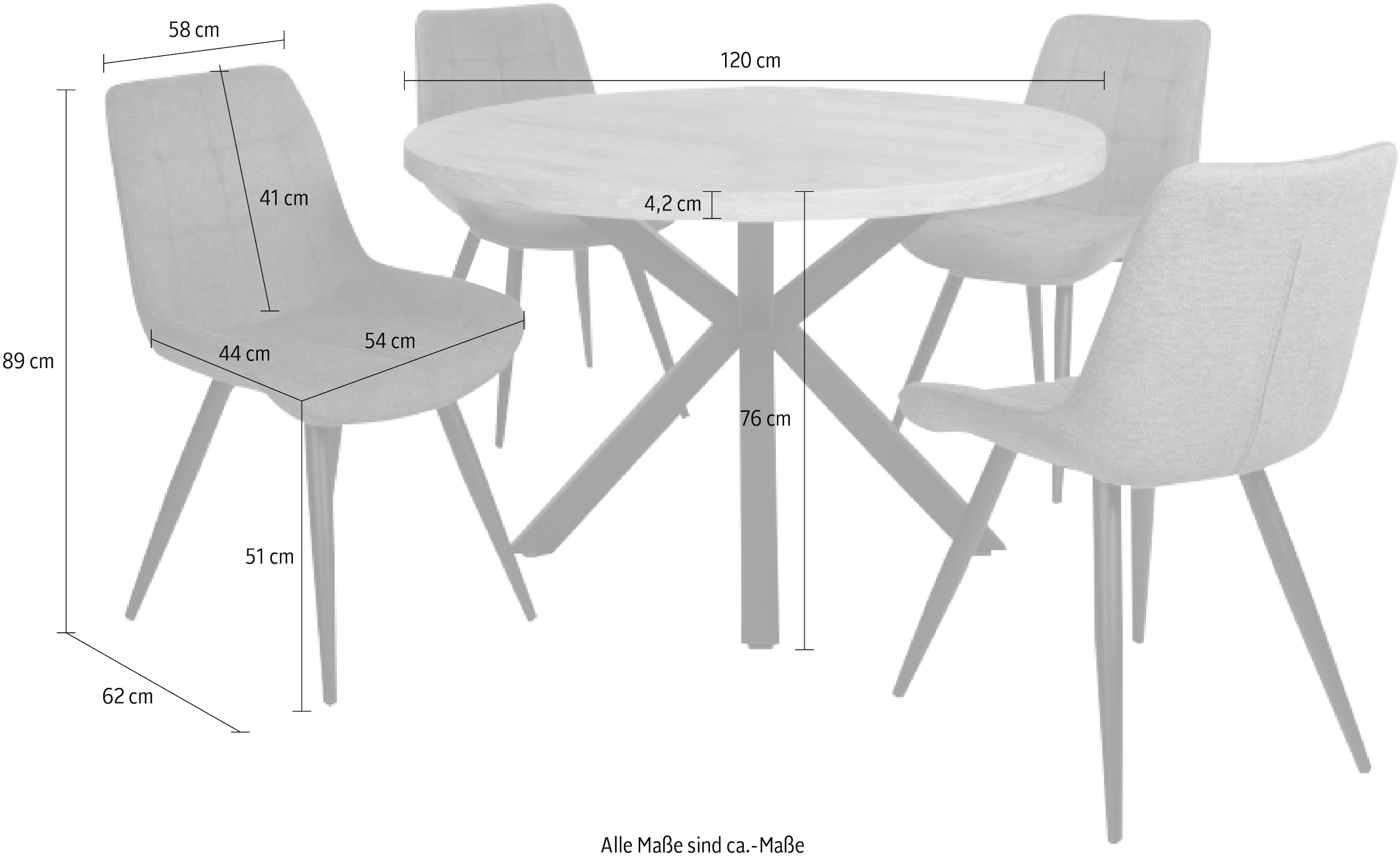 Duo Collection Essgruppe »Esszimmergruppe Damira & Iris« Set, 5-tlg., 5 Stk. tlg. Ø 120 cm, massives Metallgestell, bis 100 kg belastbar
