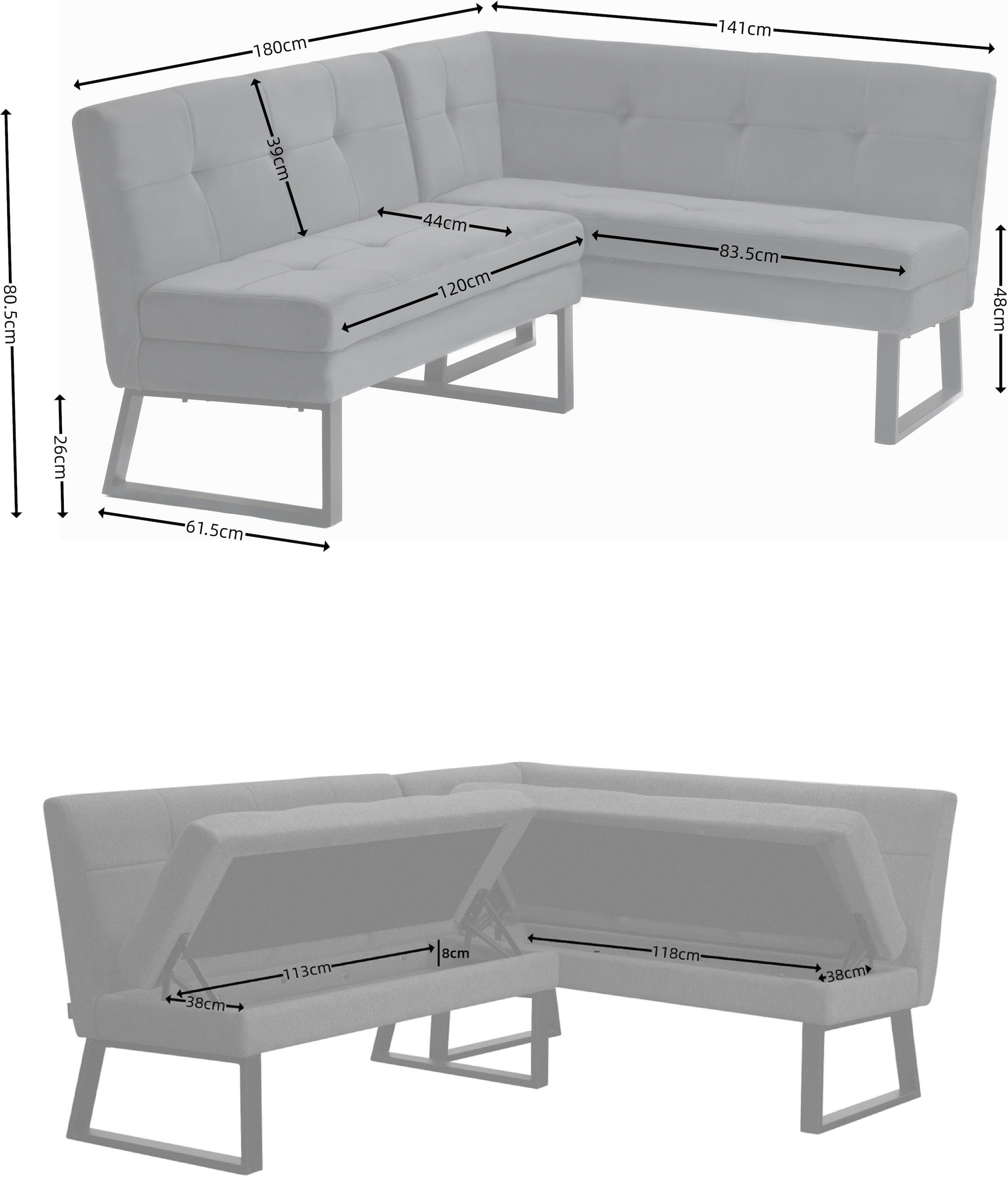 GOODproduct Banc d'angle »Geranie, Sitzbank, Essbank, pflegeleichter Strukturstoff« Eckbank inkl. Stauraum, Pulverbeschichtetes Metallgestell