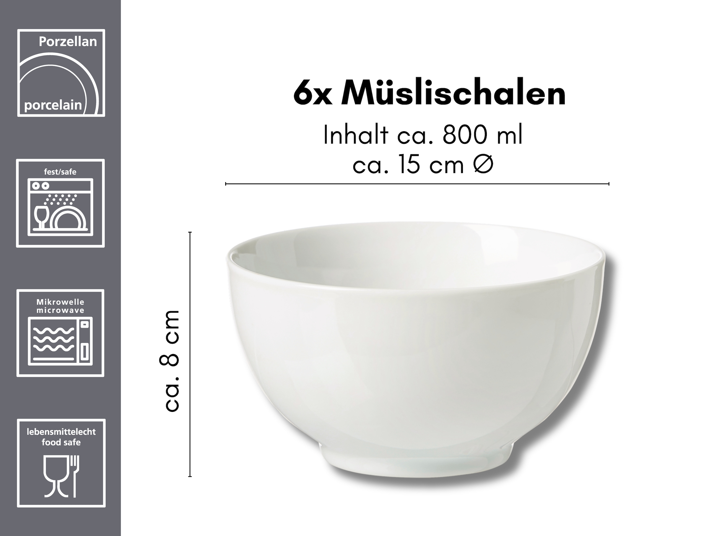 Ritzenhoff & Breker Bol à céréales »Bianco« 6 cuis klassisch-schlichte Grundform, 800 ml