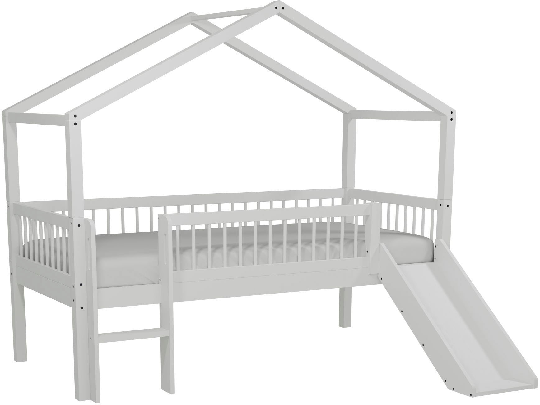 Vipack Hausbett »Forrest ist ein hochwertiges Massivholz Haus Bett "Made in Europe"« inkl. Rolllattenrost, Dachaufbau, Absturzschutz, Leiter und Rutsche,  wahlweise aus massiver Eiche geölt oder Buche massiv weiss lackiert