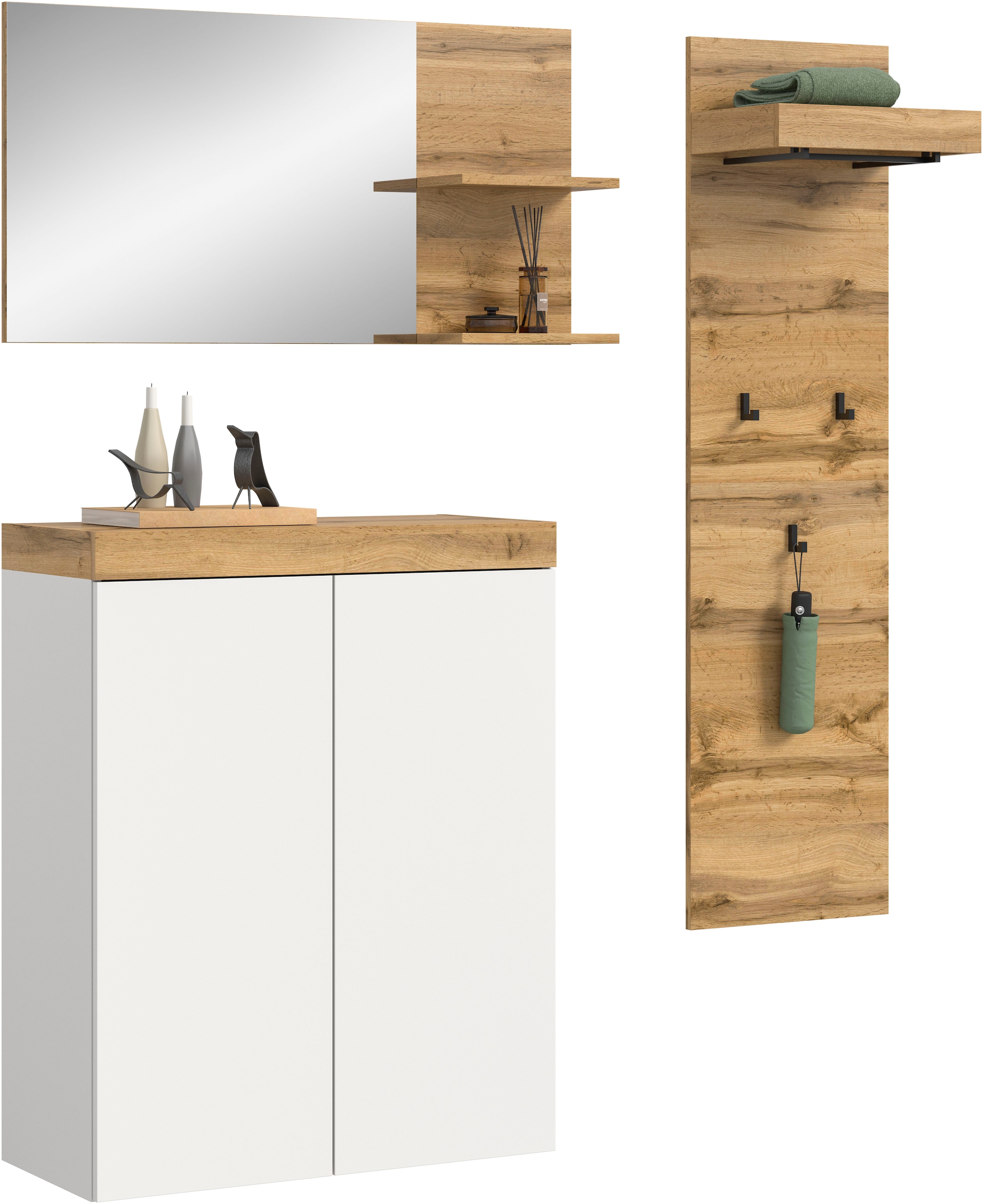GOODproduct Ensemble de vestiaires »MAMBO, TOPSELLER!, 3-teilige Kombination, stehend & hängend montierbar« bestehend aus: Kommode, Spiegel, Garderobenpaneel, 3 cuis tlg.