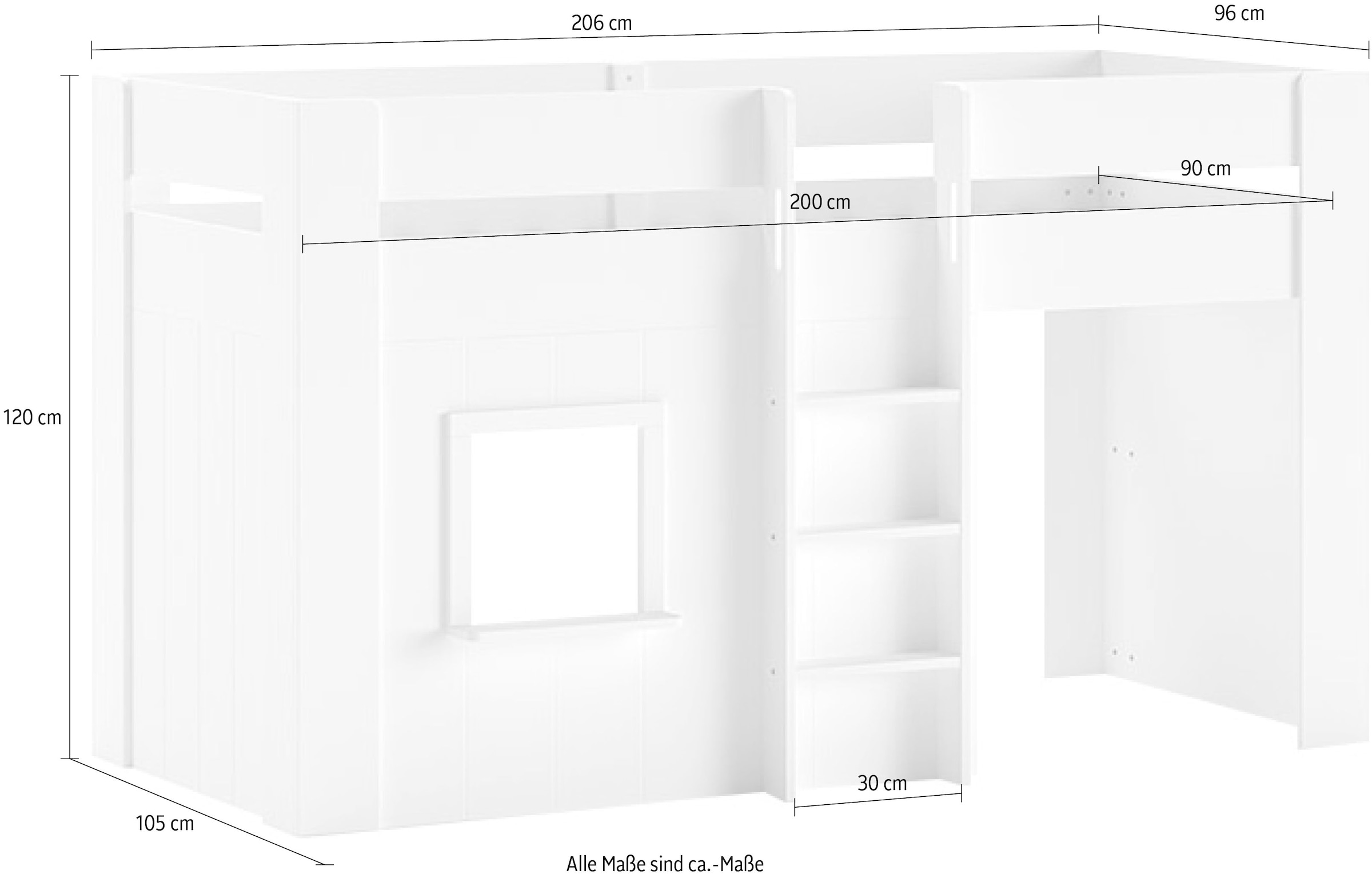 Vipack Hochbett »Reno, ein tolles Hüttenbett mit hoher Standfestigkeit, weiss lackiert« B/H/T ca. 206x120,1x105cm, Leiter mittig, Fenster und Absturzschutz,  inkl. Rolllattenrost, Rückseite offen und Spielfläche unter dem Bett