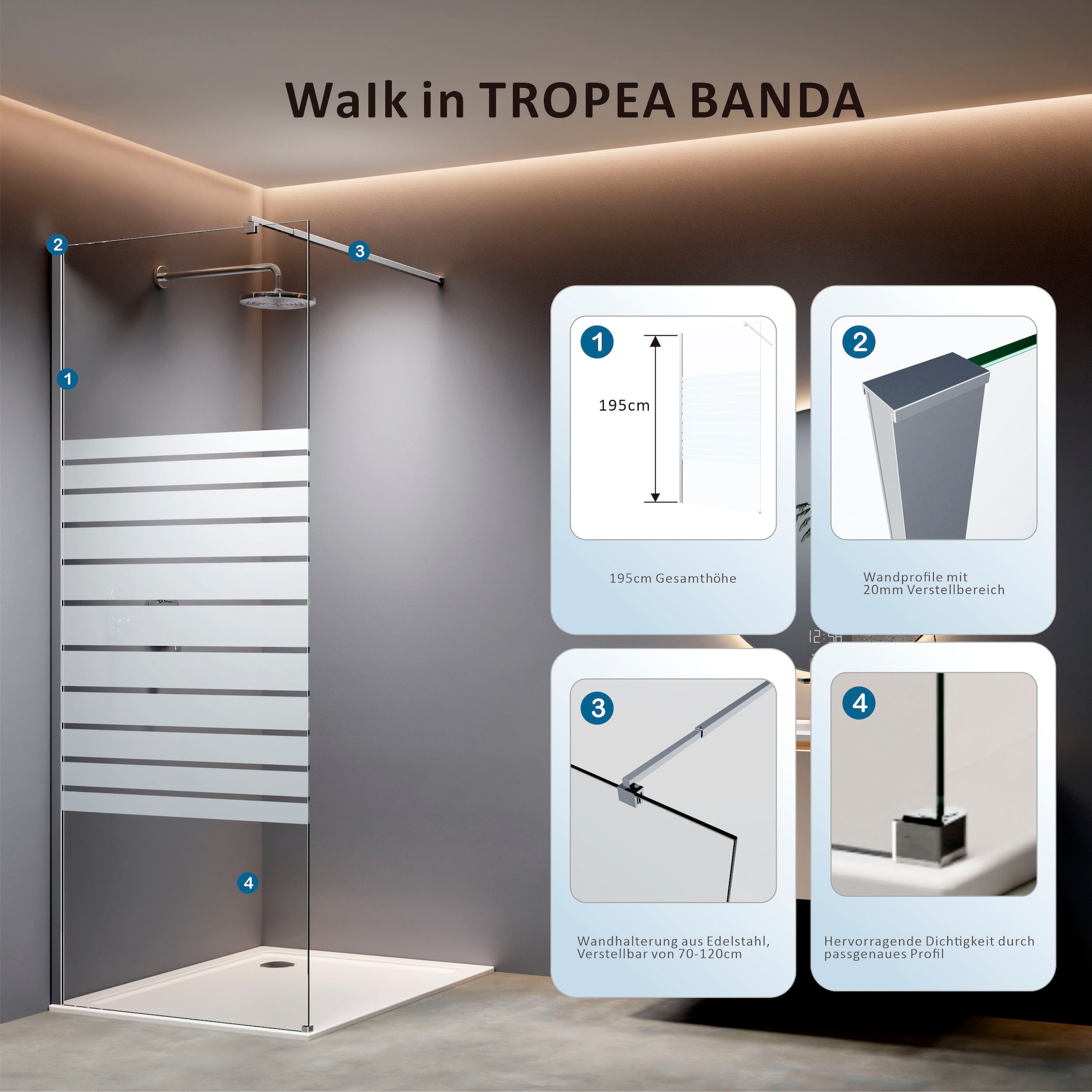 welltime Douche à l'italienne »Tropea Banda« Vitre épaisse 8 mm avec décor à bandes