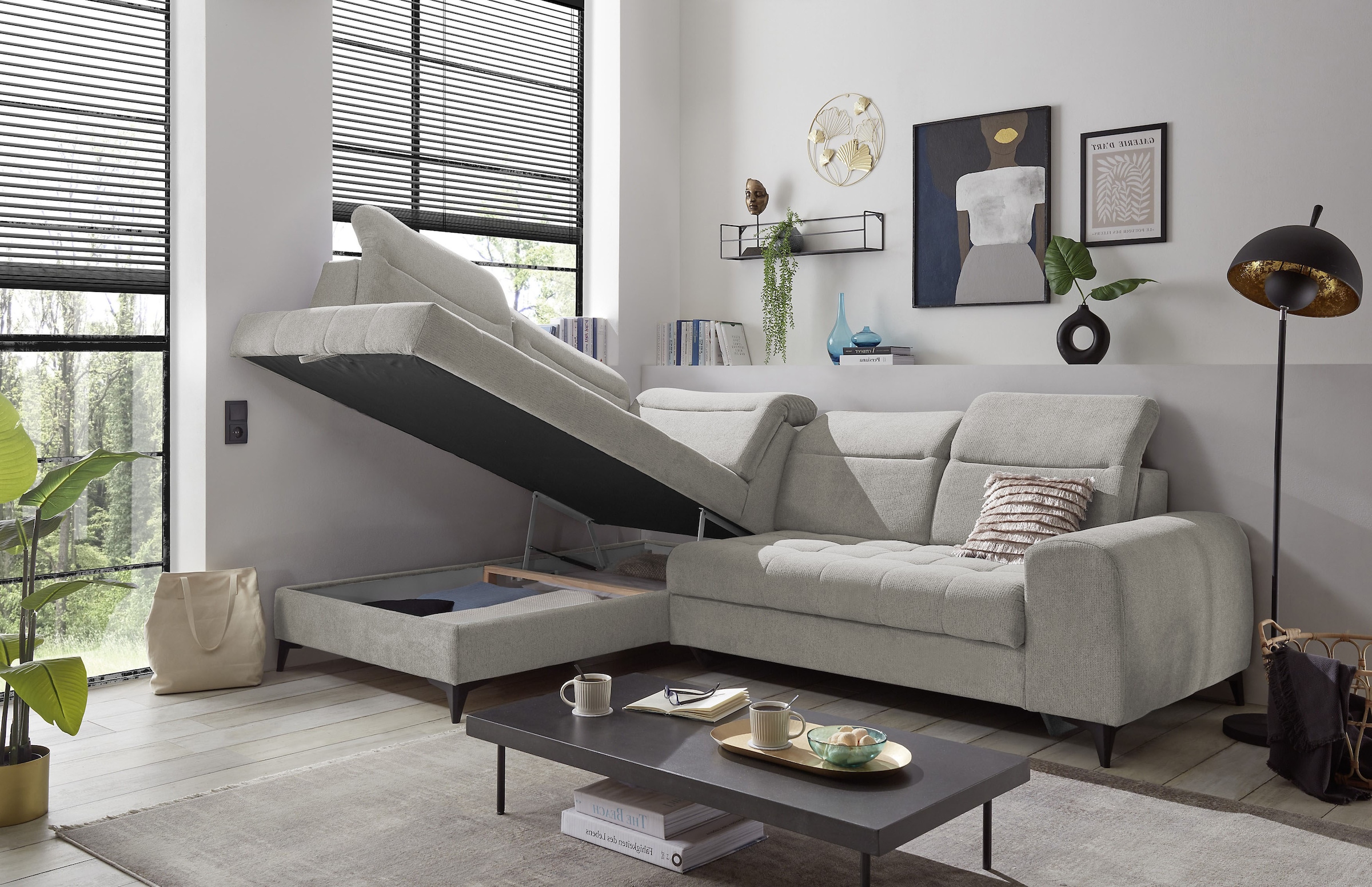 ED EXCITING DESIGN Canapé d'angle »Rockdale L-Form mit Bettfunktion, Bettkasten« Kopfteilverstellung, Sitztiefenverstellung & USB-Port