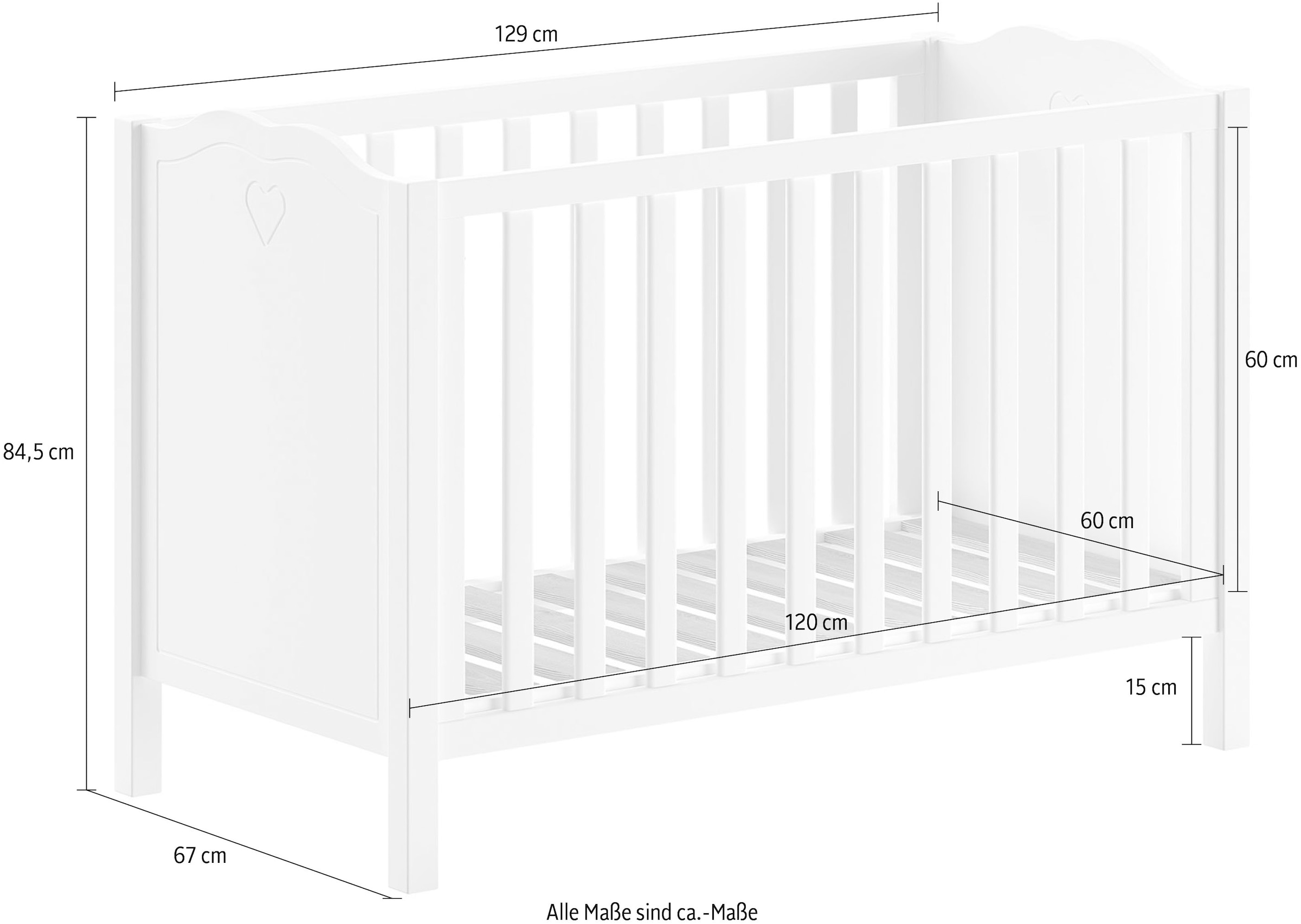 Vipack Babybett »Amori 60/120 mit verstellbarem Lattenrost, sehr stabil gebaut« mit geschwungenem Kopfteil und Herz Ornament, weiss lackiert