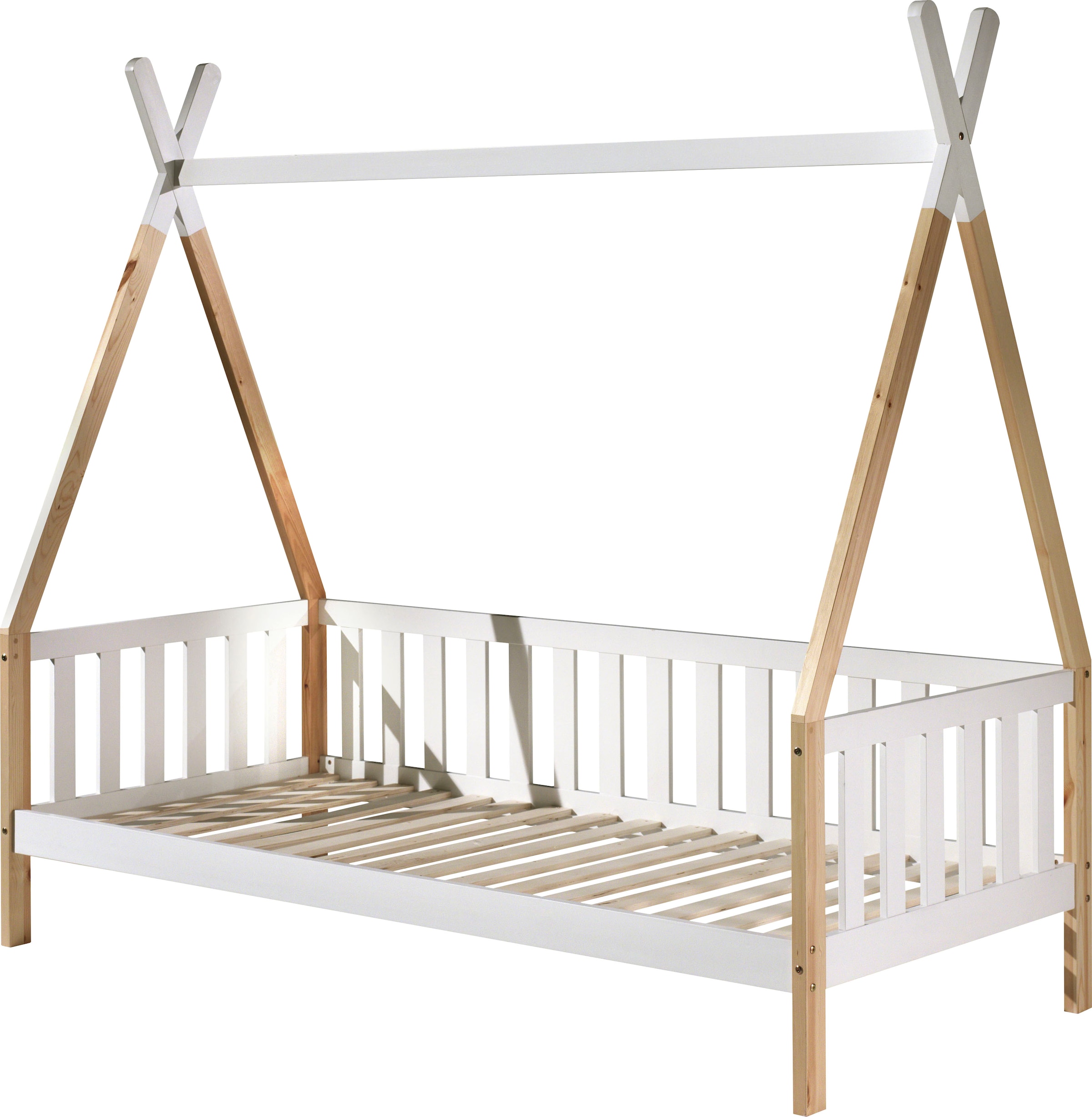 Vipack Lit d'enfant »Tipi, mit Querstange in Zelt-Optik, Kiefer massiv« L/H/P env. 206x185,1x96 cm, encadrement barreaux latéraux,  incluant sommier à lattes roulantes et tiroir de lit en option