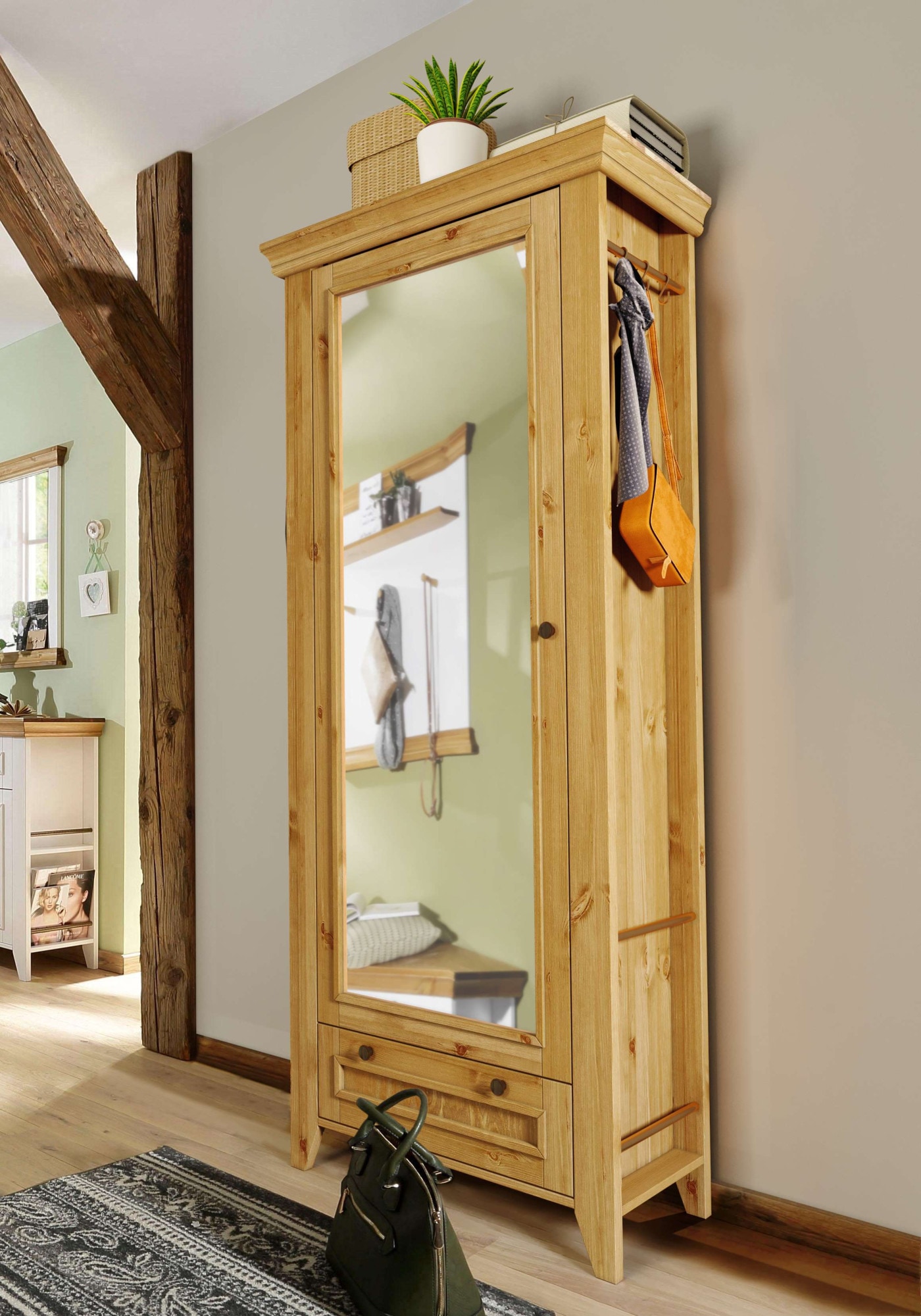 Home affaire Garderobenschrank »Skandinavia« Massivholz, mit Spiegel und seitlichen Hängemöglichkeiten