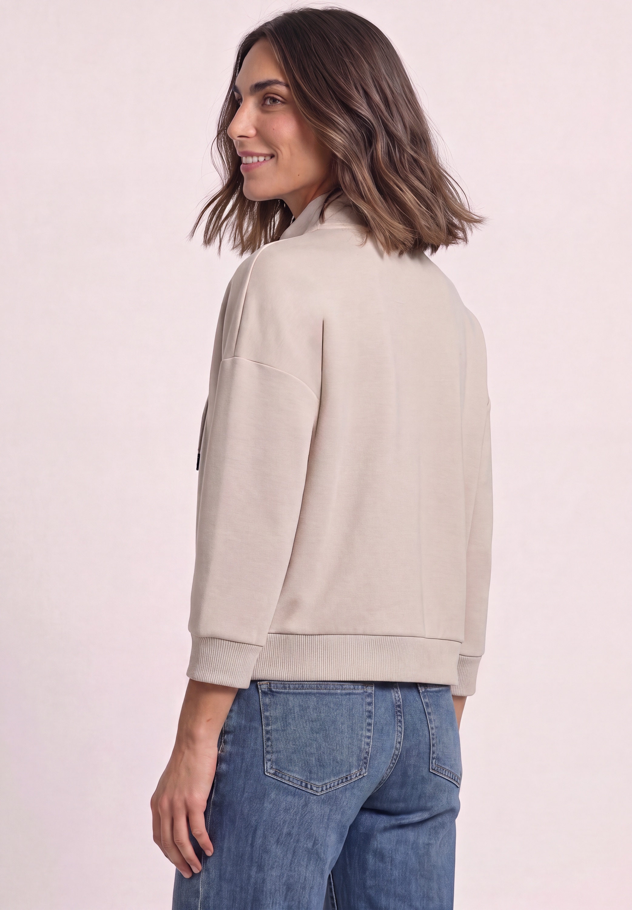 STREET ONE Veste sweat veste manches 3/4 en look soie avec détails côtelés