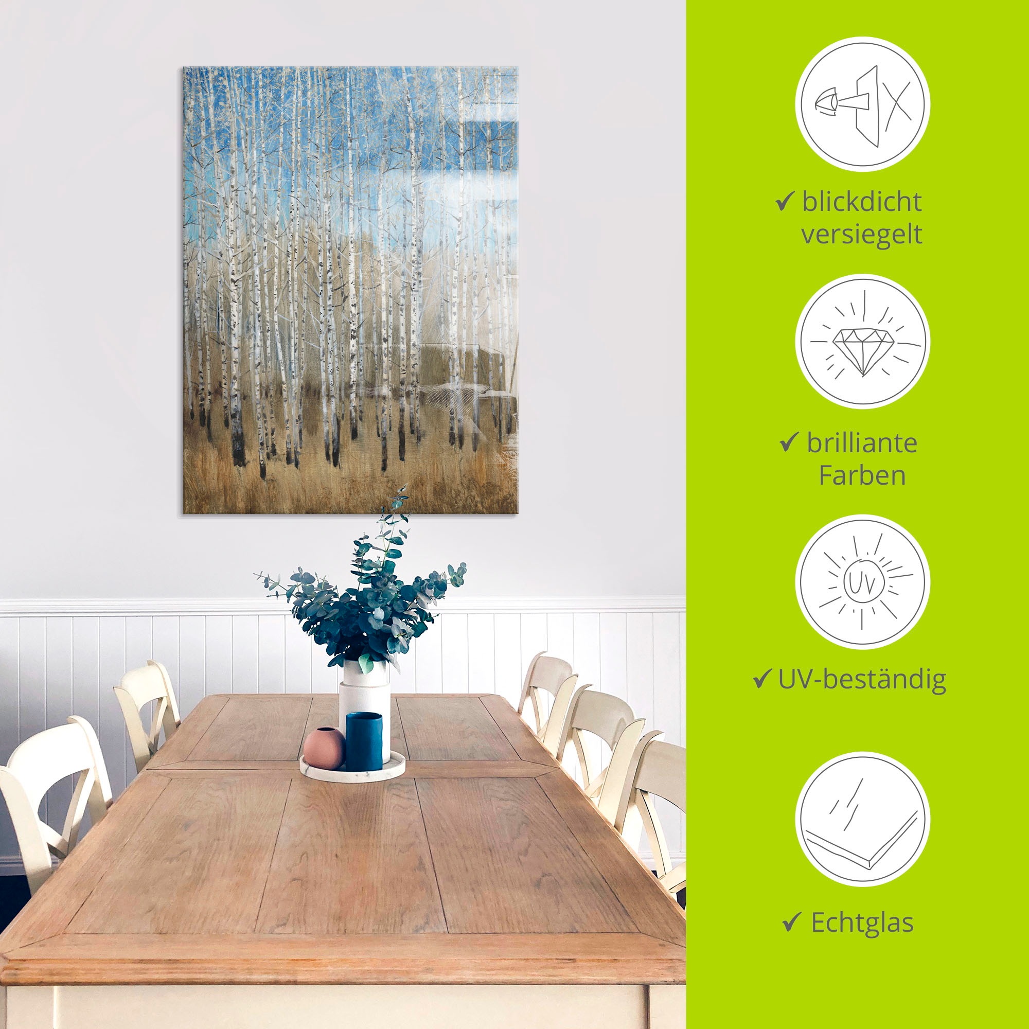 Artland Tableau en verre »Staubige blaue Birken II« 1 cuis tlg. in verschiedenen Grössen