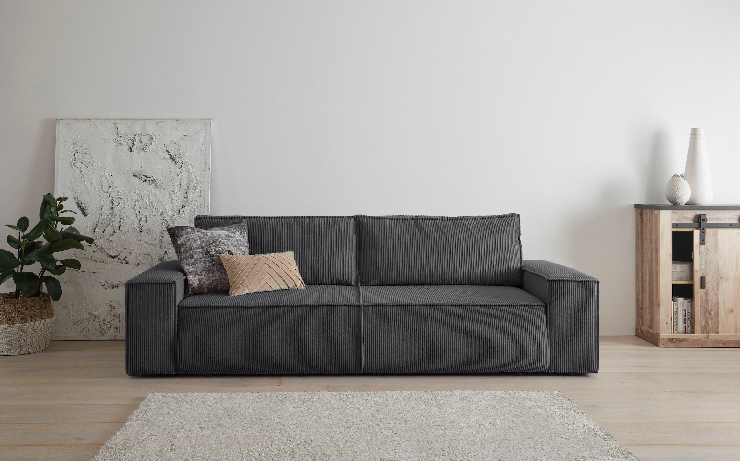Home affaire 3-places »SHERWOOD Schlafsofa (257cm) Cord, Samtvelours, Vintage-Lederoptik« Schlaffunktion mit Bettkasten (ca. 136/200cm)