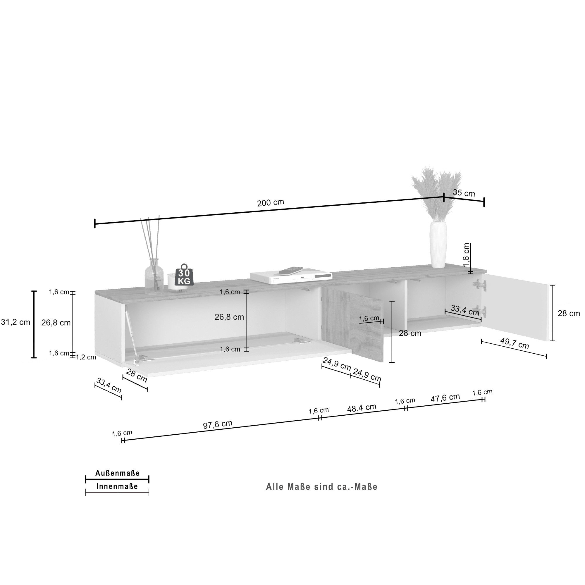 GOODproduct Table basse »ISEO, TV-Kommode,TV-Möbel,TV-Bank, 3 Fächer, Breite 210 cm« 1 cuis tlg. stehend/hängend, 1 Klappe, 2 Türen, 3 Fächer, Breite 210 cm