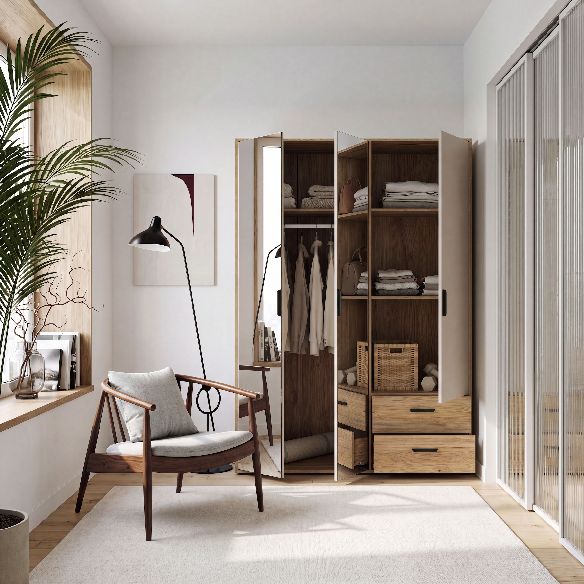 GOODproduct Kleiderschrank »AALOX, Spiegel, 3 Türen, 2 Schubladen, viel Stauraum, schwarze Griffe« Schrank ca. 140 bis 150 cm breit, schwarze Griffe, zeitloses Design