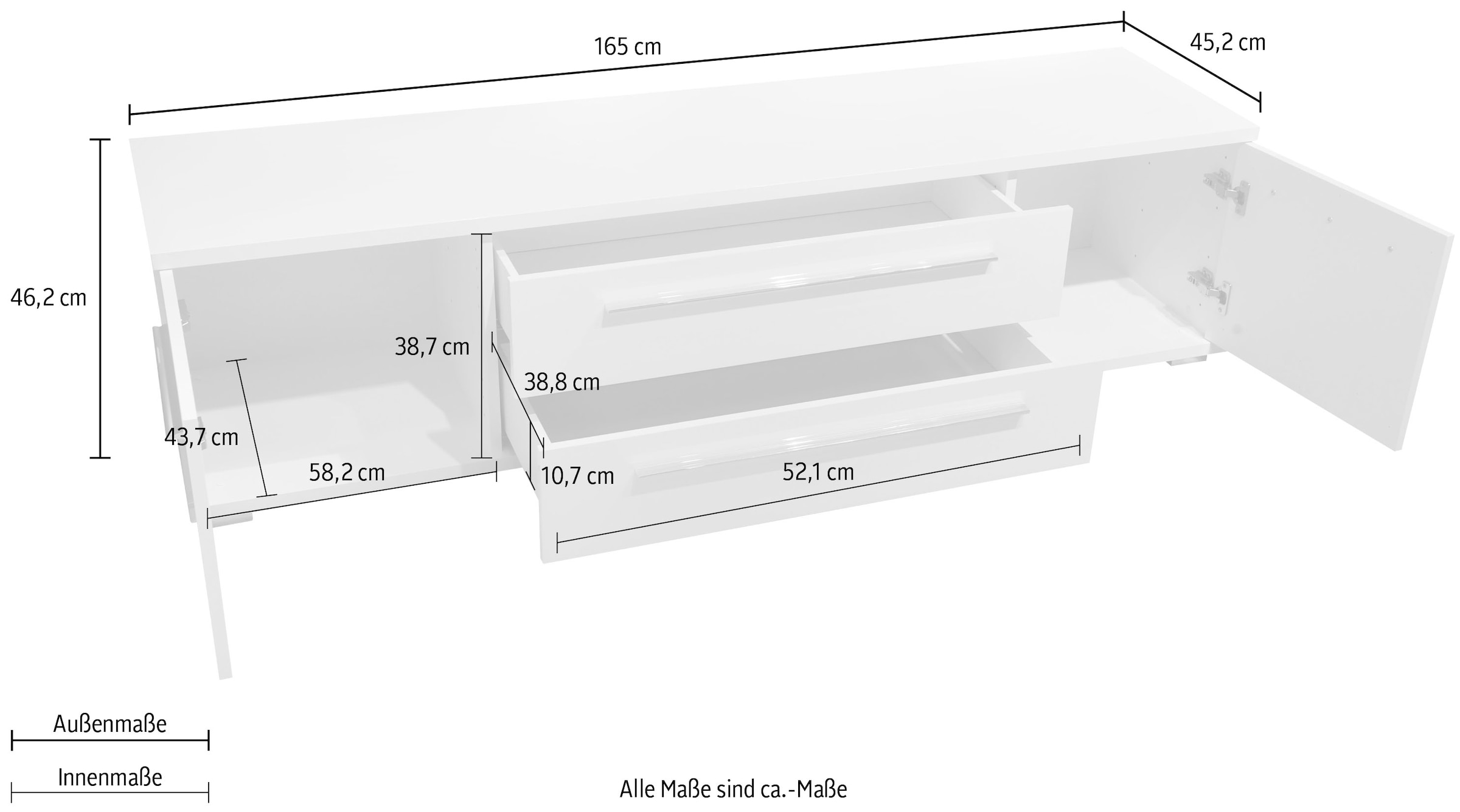 GOODproduct Lowboard »Piano TV-Kommode in Breite 165 oder 180 cm mit Soft-Close-Funktion« Hochglanz UV-lackiert, Br 180 cm mit versch. Tür- und Schubkastenmasse