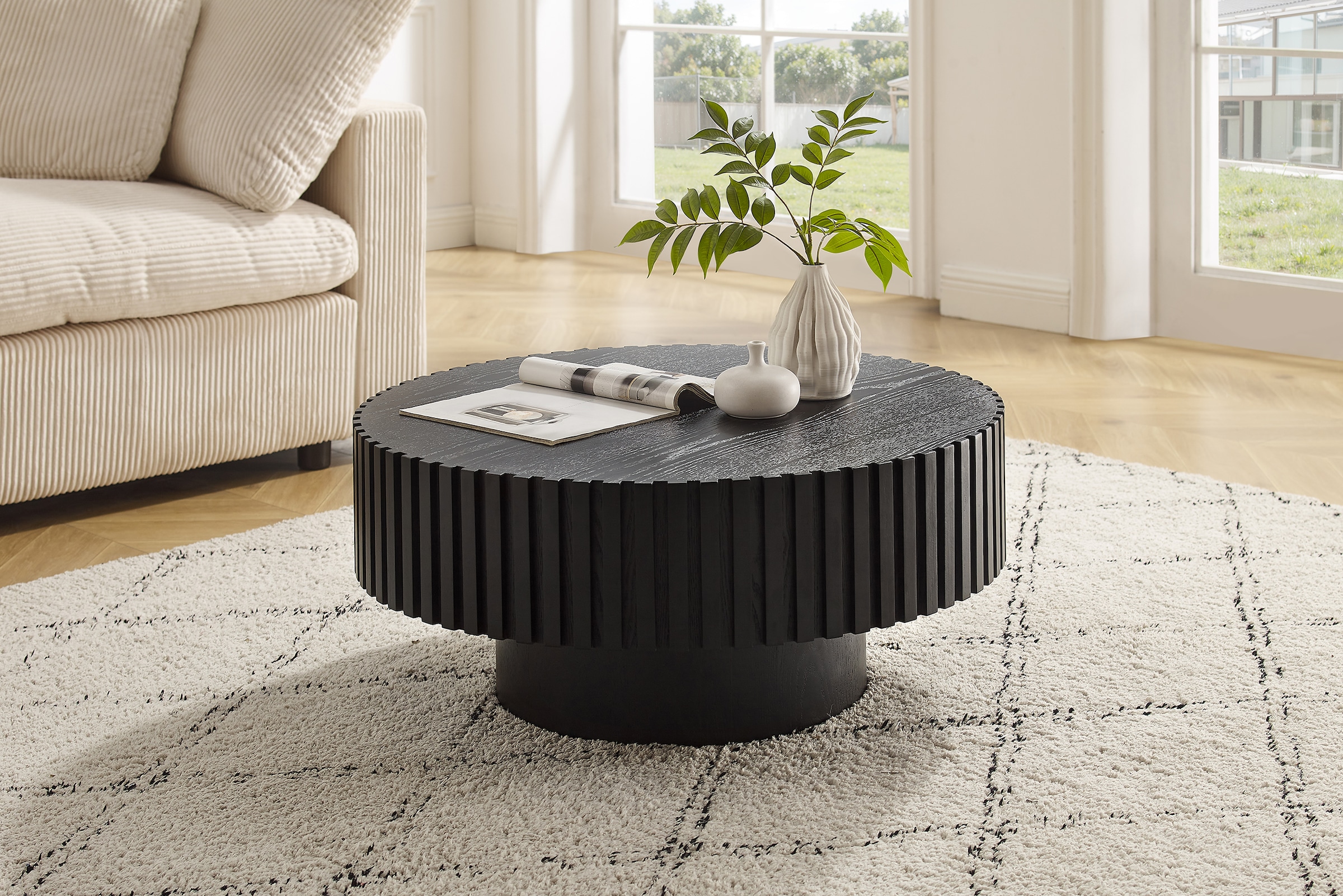 SalesFever Table basse »rund mit Massivholz-Lamellen Ø 80 cm« 1 cuis tlg. Moderner Holztisch fürs Wohnzimmer mit Echtholzfurnier