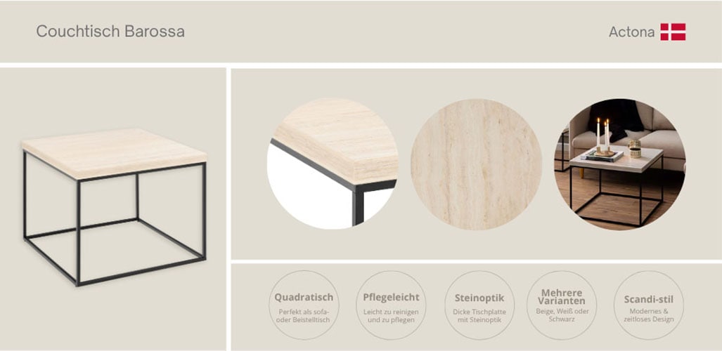 ACTONA GROUP Table basse »Barossa, Wohnzimmer-Tisch, quadratisch, in Steinoptik, Modern« aspect pierre, pieds en acier noir, plusieurs variantes, L : 60 cm