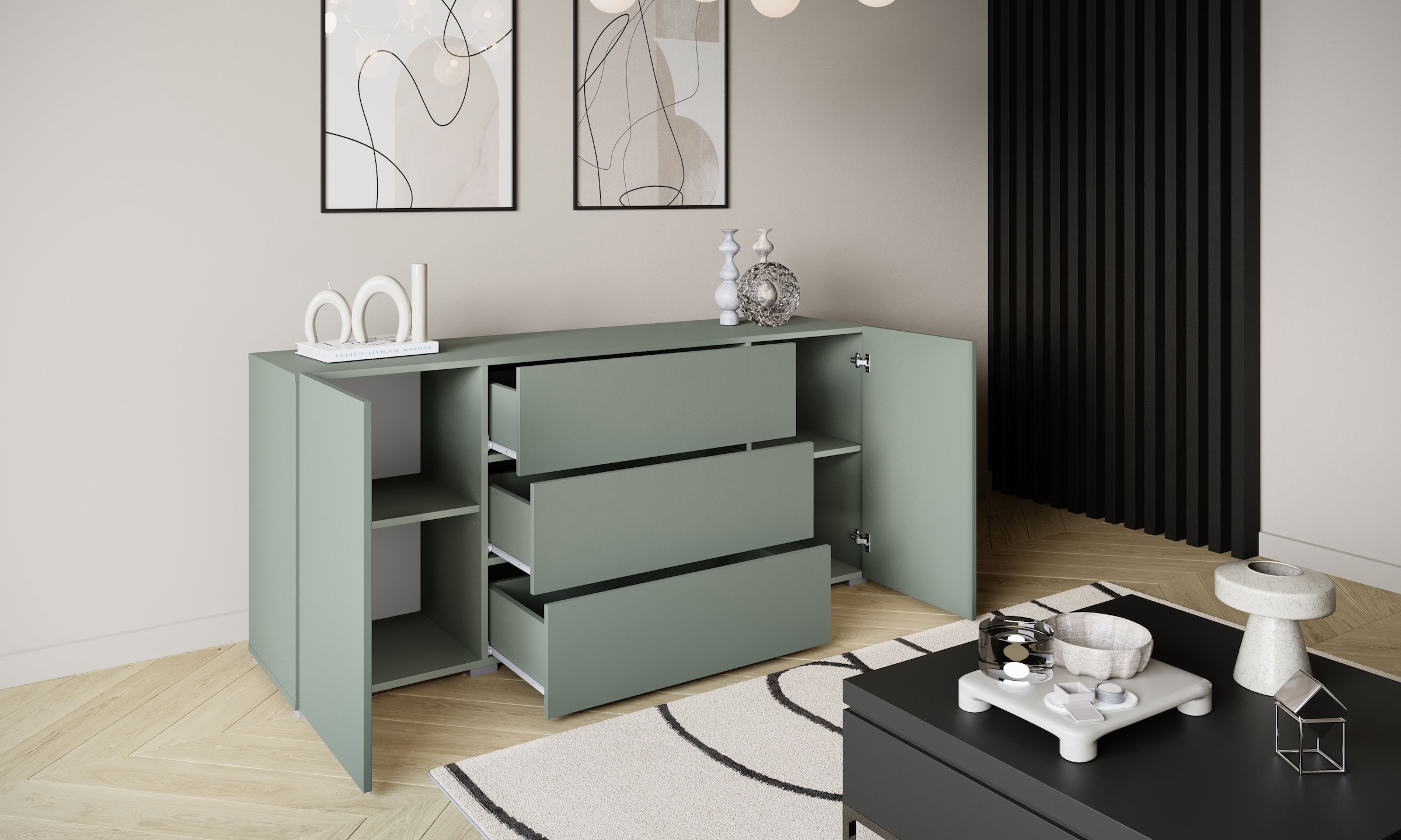 Home affaire Buffet »BERLIN« Commode moderne sans poignées largeur 150 cm, 4 tiroirs / 2 portes
