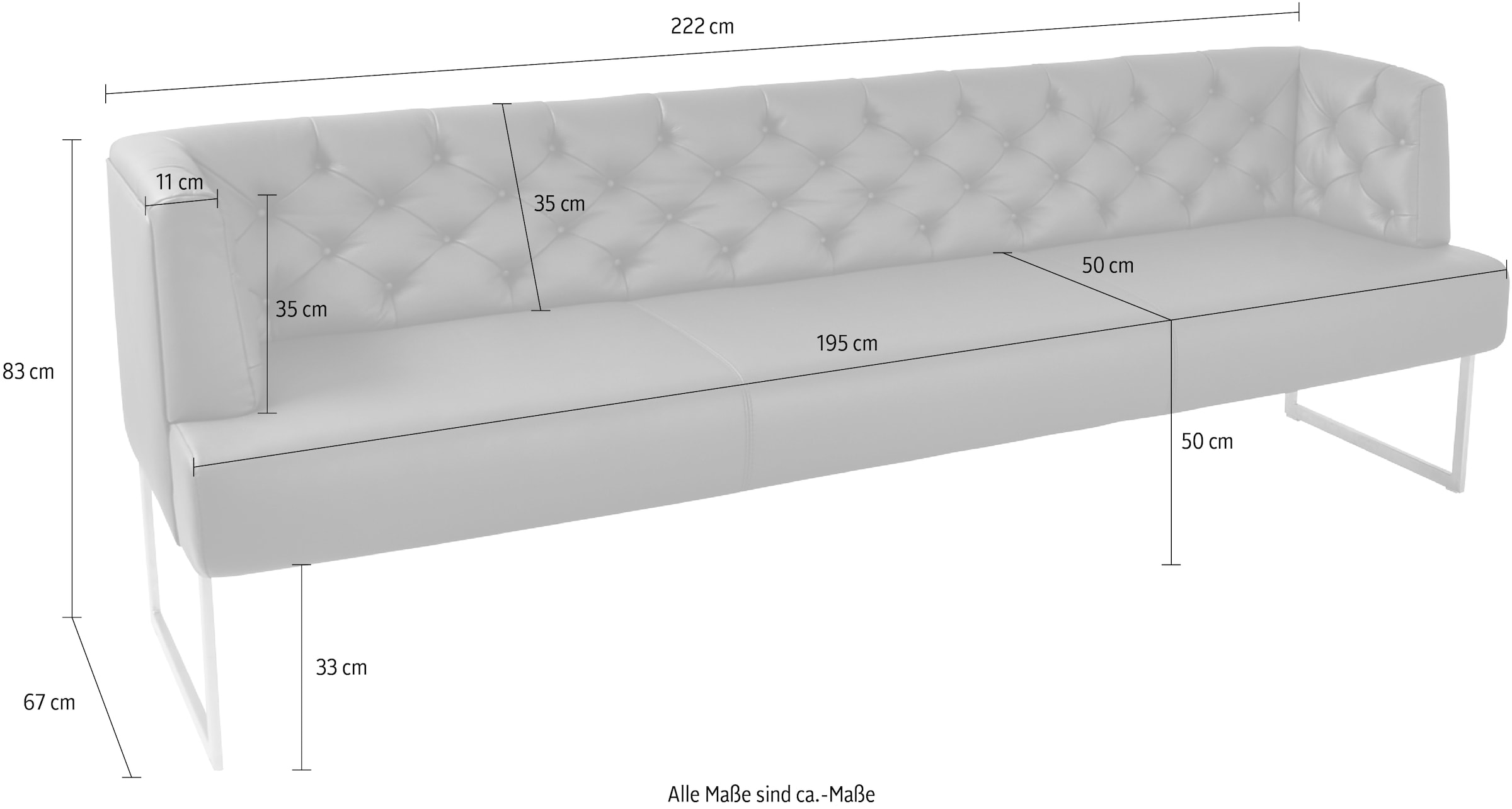 K+W Komfort & Wohnen Banc rembourré »Creso« style Chesterfield moderne, pieds aspect acier inoxydable