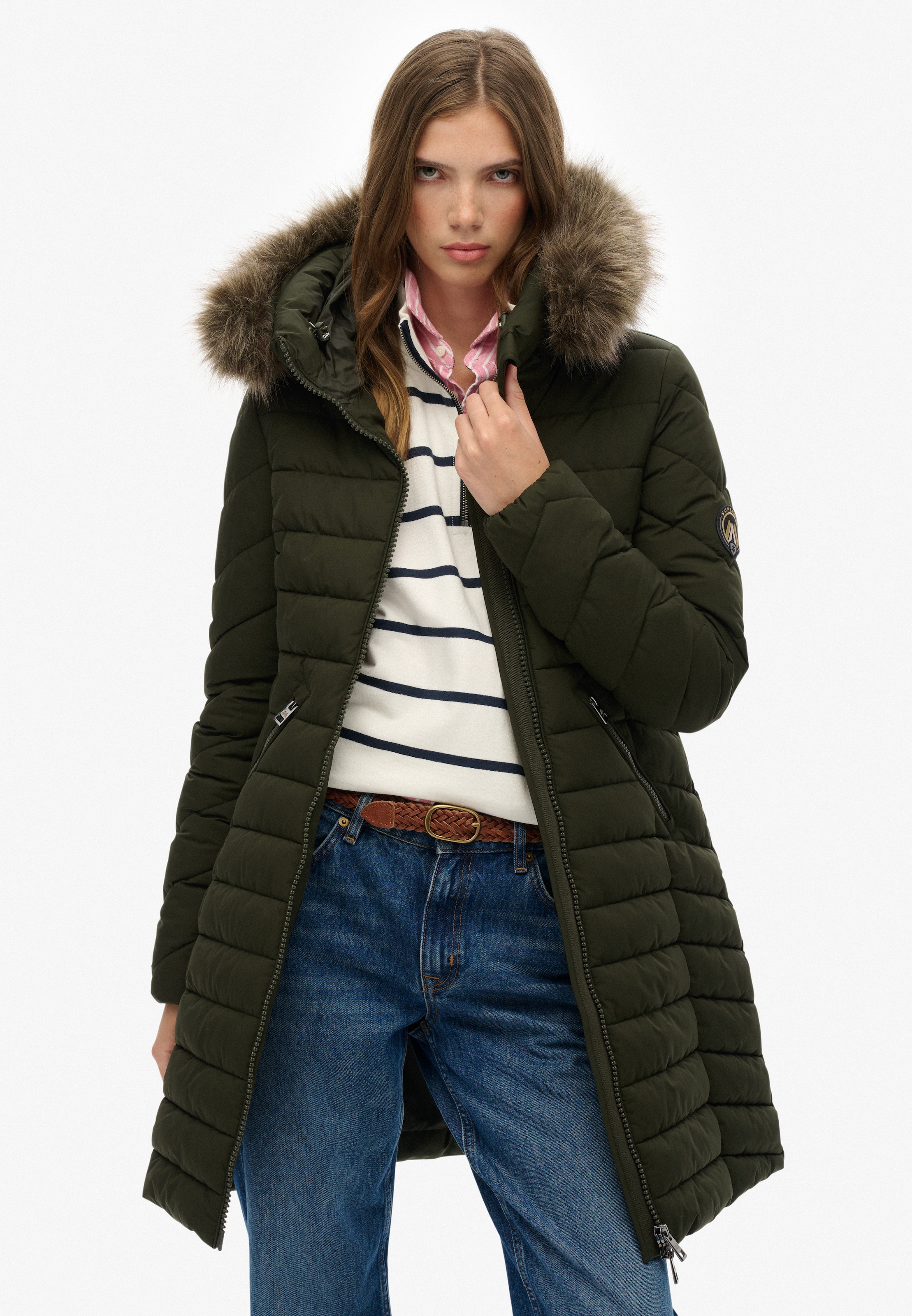 Superdry Steppjacke »FUJI FAUX FUR HOOD MID LENGTH« mit Kapuze