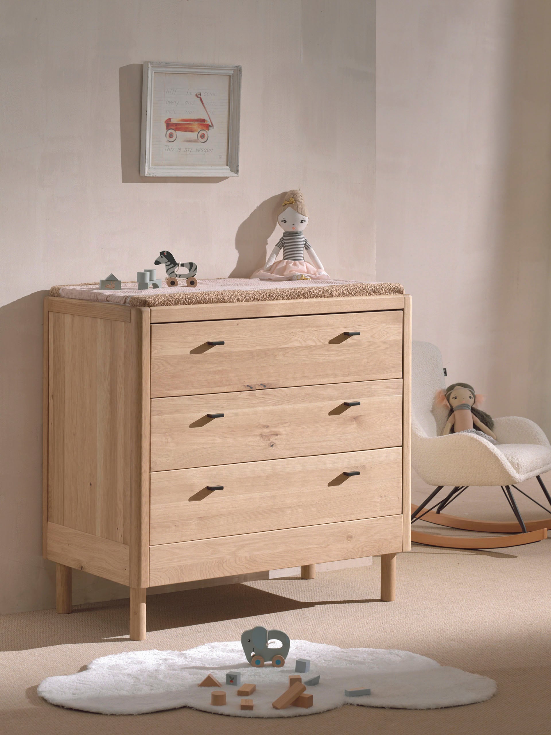 Vipack Commode à langer »WickelKommode aus massvier Eiche natur geölt, zeitloses Design« bis 11 kilos avec 3 tiroirs spacieux, construction stable et solide 100 cm