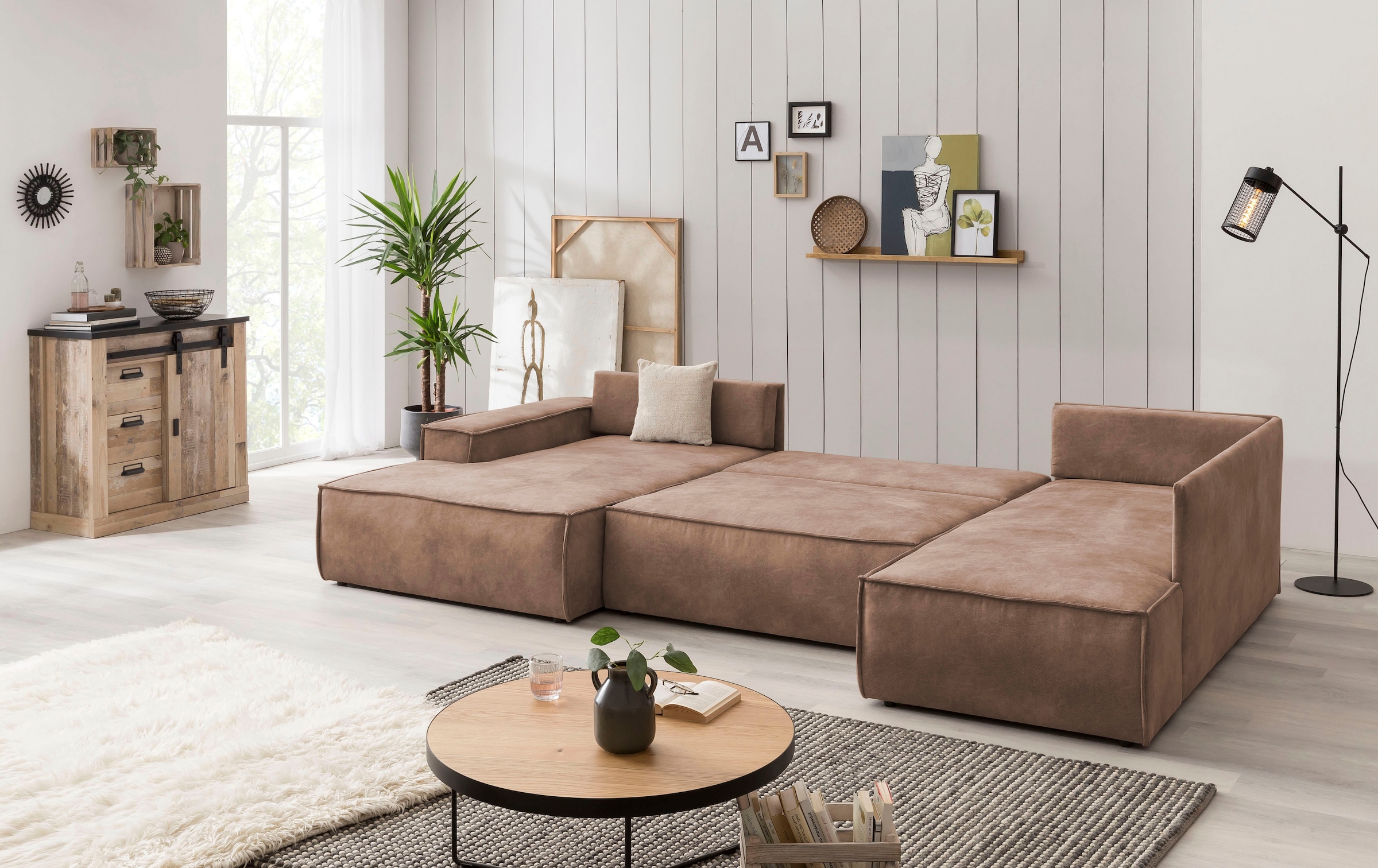 GOODproduct Paysage de salon »SHERWOOD Vintage Lederoptik U-Form, 329 cm« Fonction couchage avec coffre-lit (194x139 cm), velours côtelé, vintage, velours