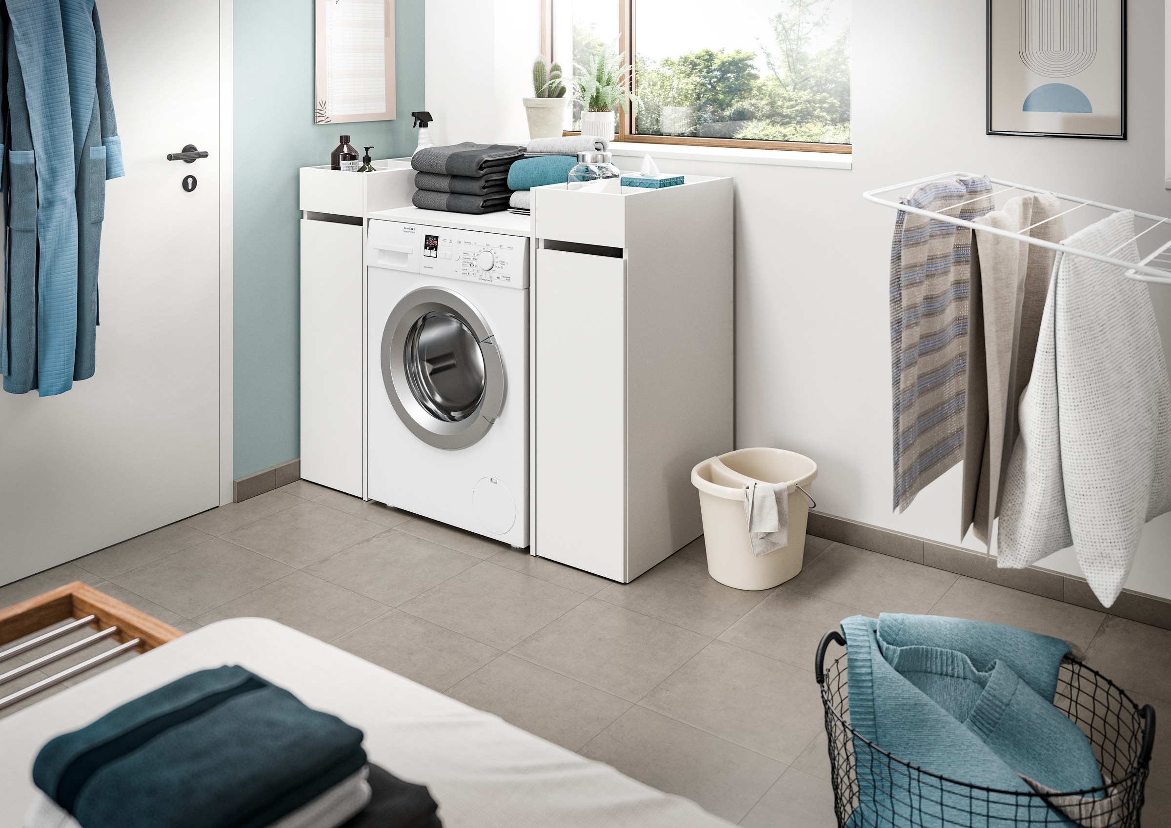 welltime Ensemble de meubles de salle de bain »FALAS, TOPSELLER!, 3-teilig, Hauswirtschaftsraum Set, Breite 124 cm« Set, bestehend aus: Waschmaschinenumbauschrank und 2x Standregal, 3 cuis tlg.