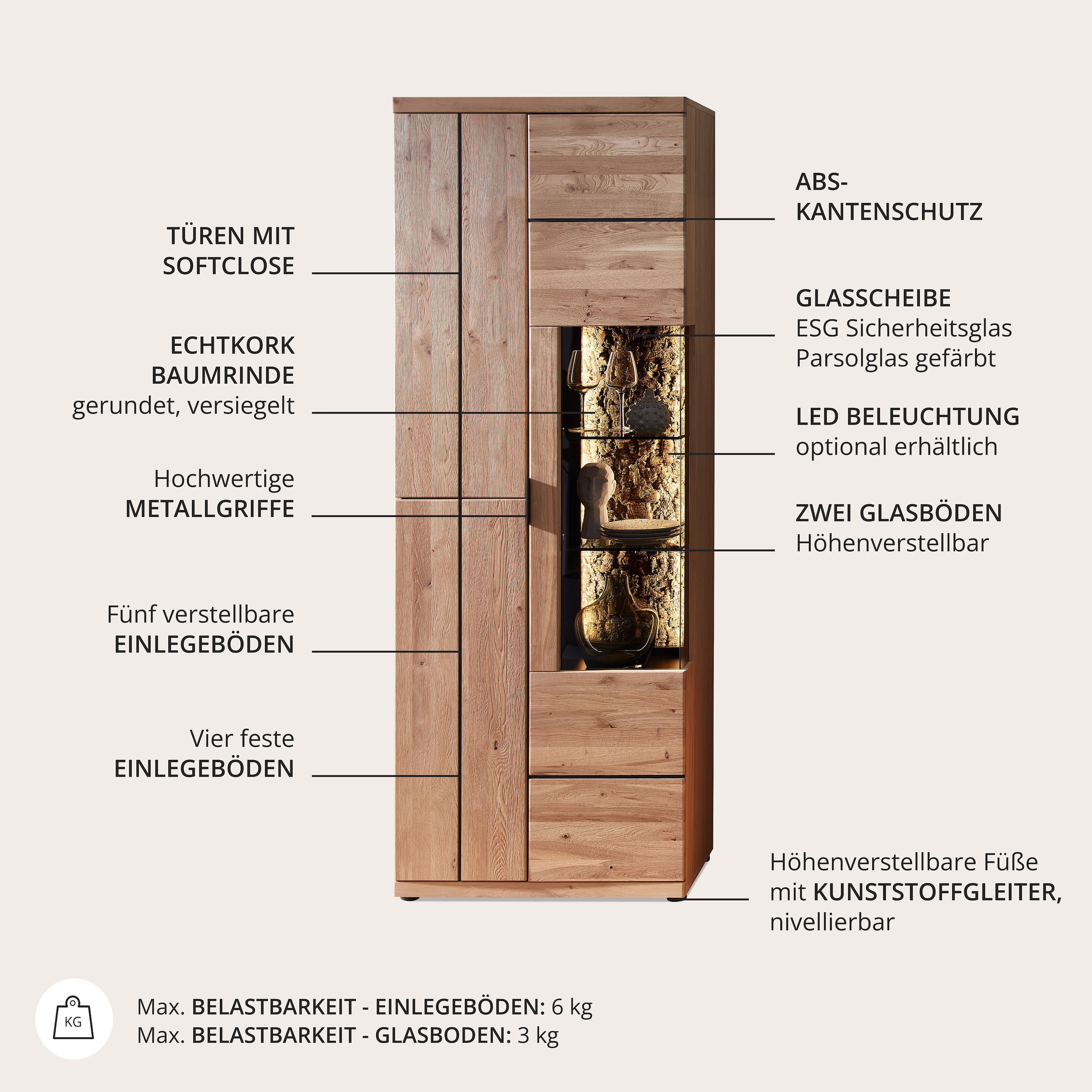 Wohnconcept Meuble mural »Donna Wohnwand, 310x207x50 (BxHxT) Echtkork Absetzung« 3 cuis tlg.
