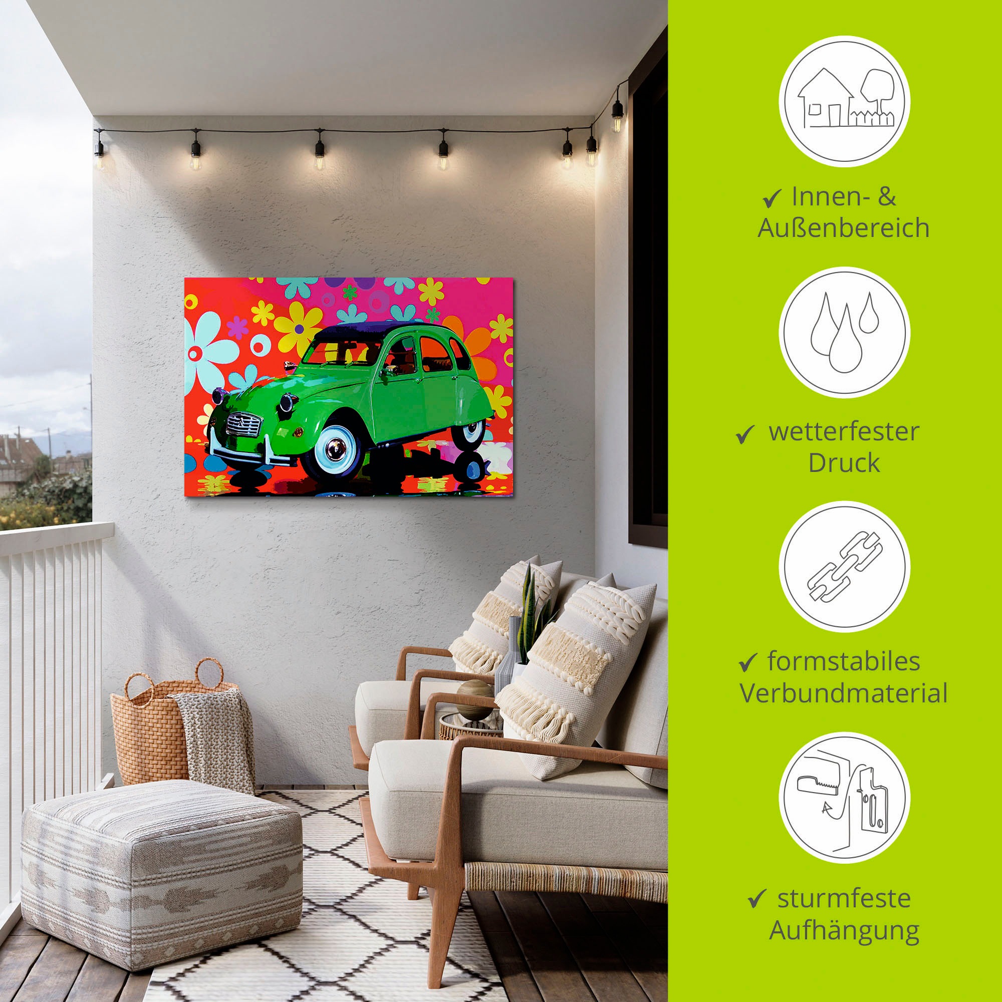 Artland Alu-Dibond-Druck »CitroÃ«n 2CV grün« Auto 1 Stk. tlg. für Innen- und Aussenbereich geeignet, Outdoorbild
