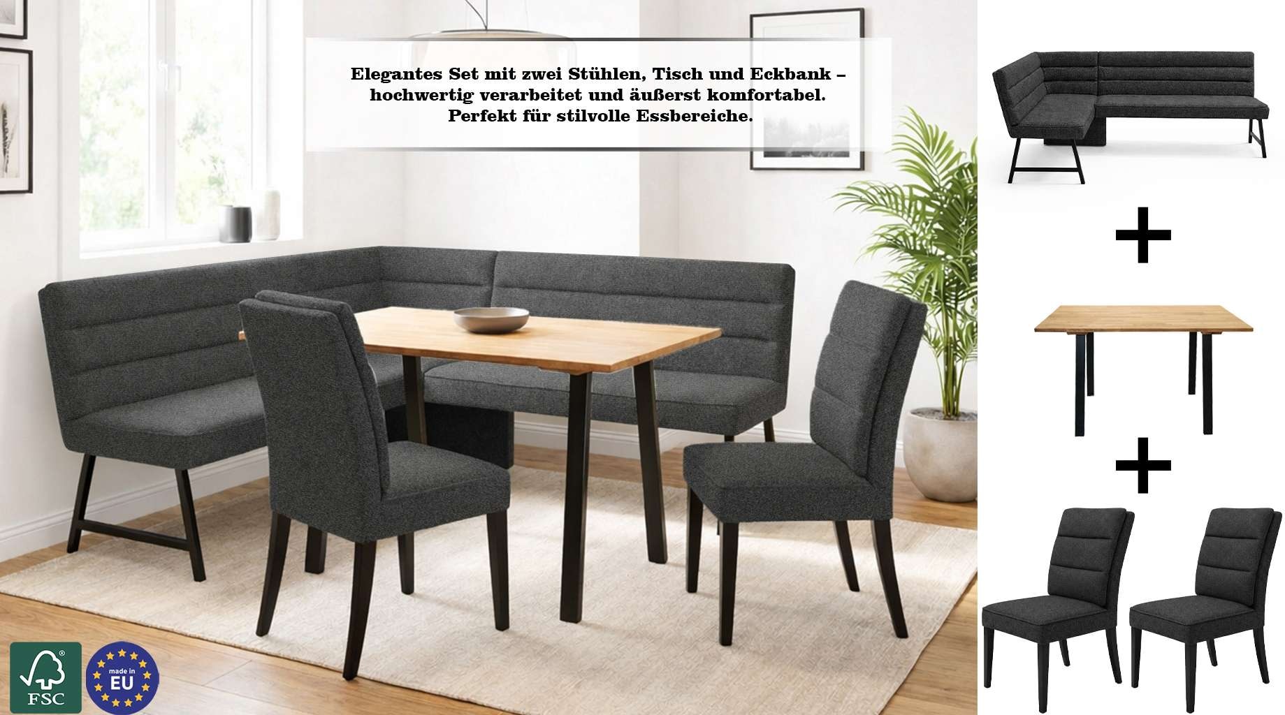 GOODproduct Eckbankgruppe »Oregon Essecke, Sitzgruppe, Küchenbankgruppe« Set, 4er, 4 tlg. Eckbank mit Metallfüssen, Esstisch in Eiche massiv