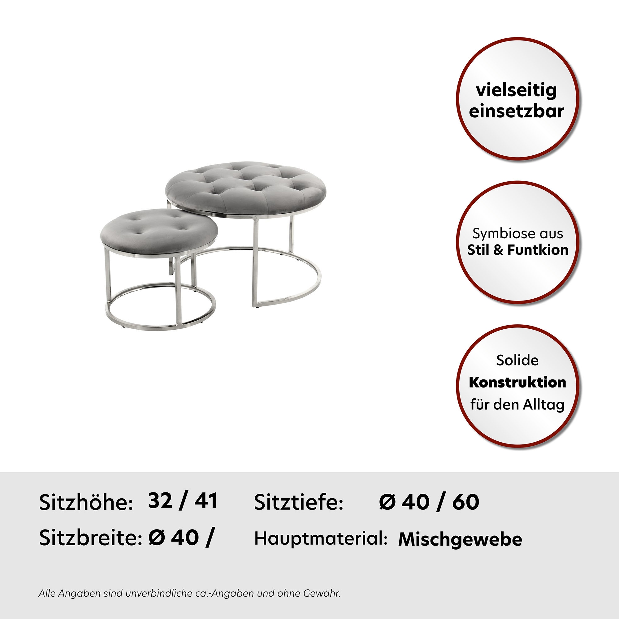 Kayoom Polstergarnitur »Hocker Becky 825 2er-Set, runde Form, angesagter Retro-Stil« Set, Hocker 1: B 60 cm/H 41 cm/T 60 cm
Hocker 2: B 40 cm/H 32 cm/T 40 cm, 2 Stk. tlg. vielseitig verwendbar, modern, pflegeleicht, runde Form