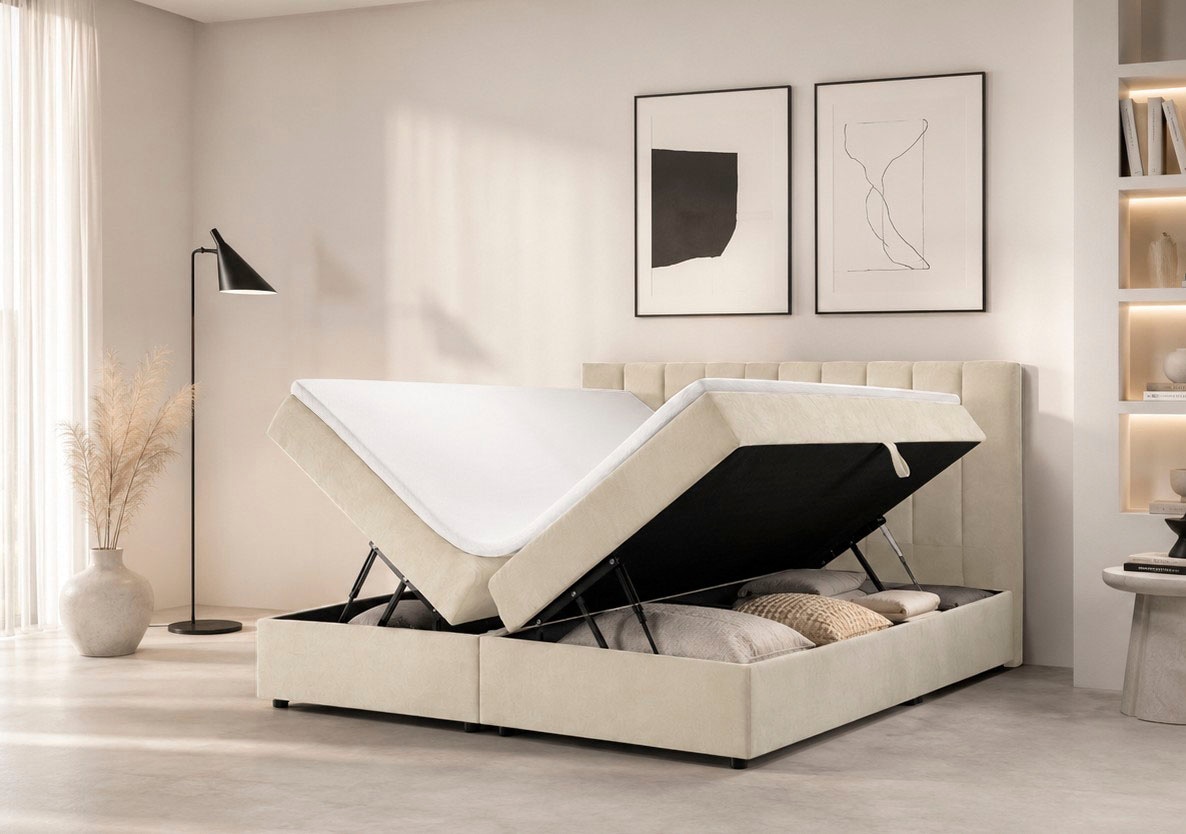 GOODproduct Lit de boxe »HAILEYY, Polsterbett mit Bettkasten, inkl. Taschenfederkernmatratze H3« avec surmatelas en mousse froide, housse en chenille, 140x200 & 180x200 cm