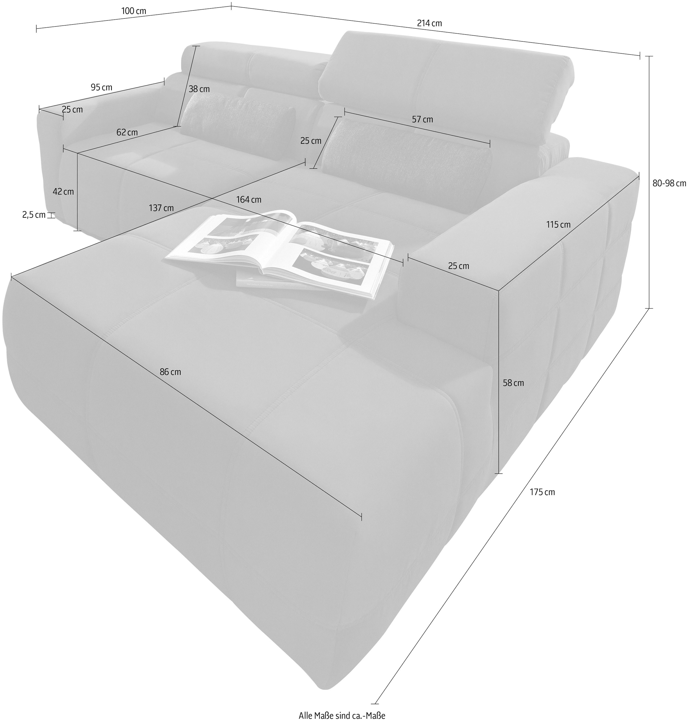 DOMO collection Ecksofa »Brandon, inkl. Kopfteilverstellung, B/T/H:  214/100/80 cm, L-Form« Cord, schlamm