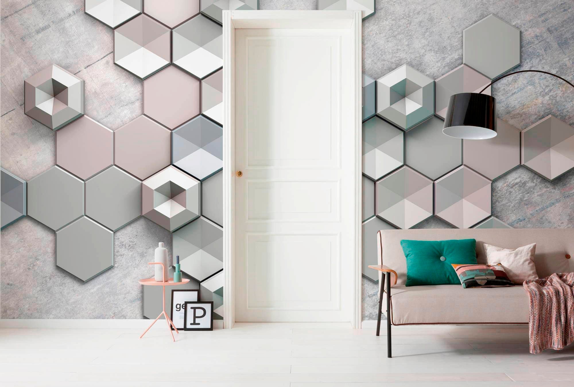 Komar Papier peint intissé »Digitaldruck Vlies -  Hexagon Concrete - Grösse 400 x 250 cm« imprimé Wohnzimmer, Schlafzimmer