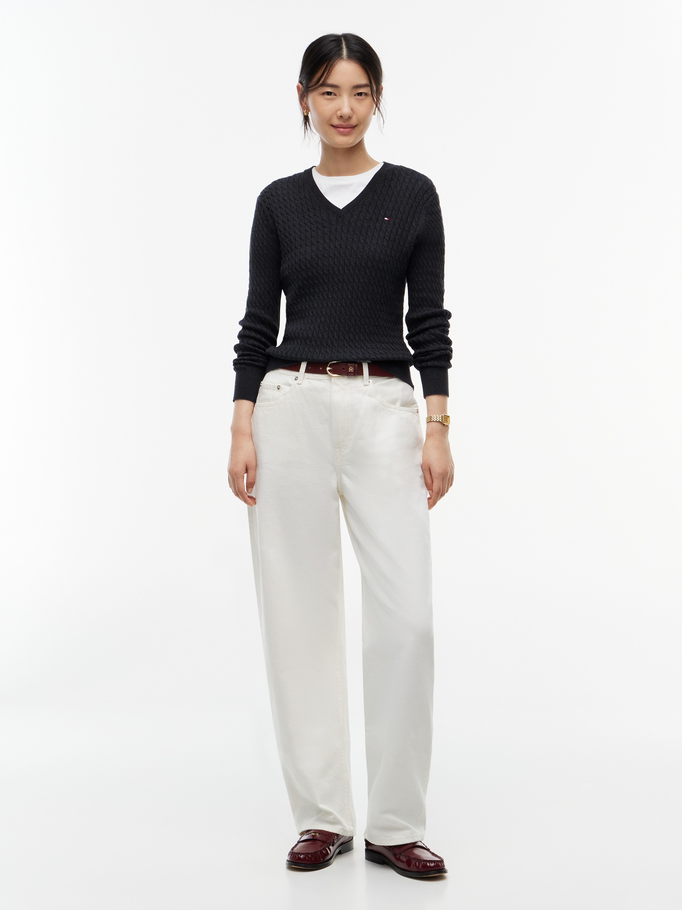 Tommy Hilfiger Pull en tricot »CO CABLE FINE GG V-NK LS SWT« coton, avec motif torsadé