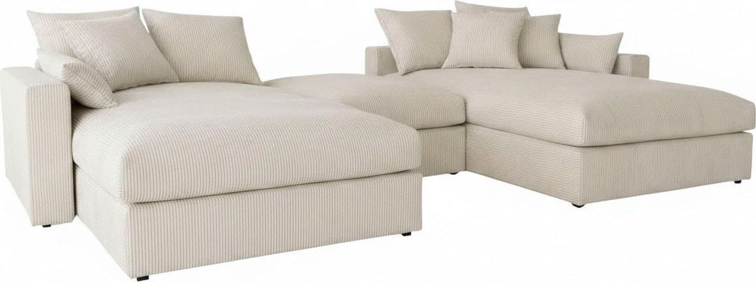 GOODproduct Paysage de salon »Cosy Lounge U-Form, Breite 385 cm« méga canapé recouvert de velours côtelé, avec suspension à ressorts et 5 coussins décoratifs