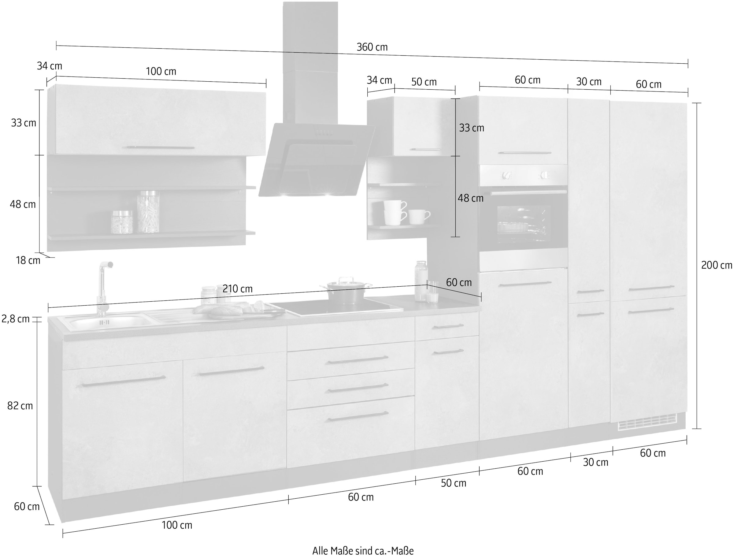 KOCHSTATION Küchenzeile »KS-Tulsa« ohne E-Geräte, Breite 360 cm, schwarze Metallgriffe, MDF Fronten