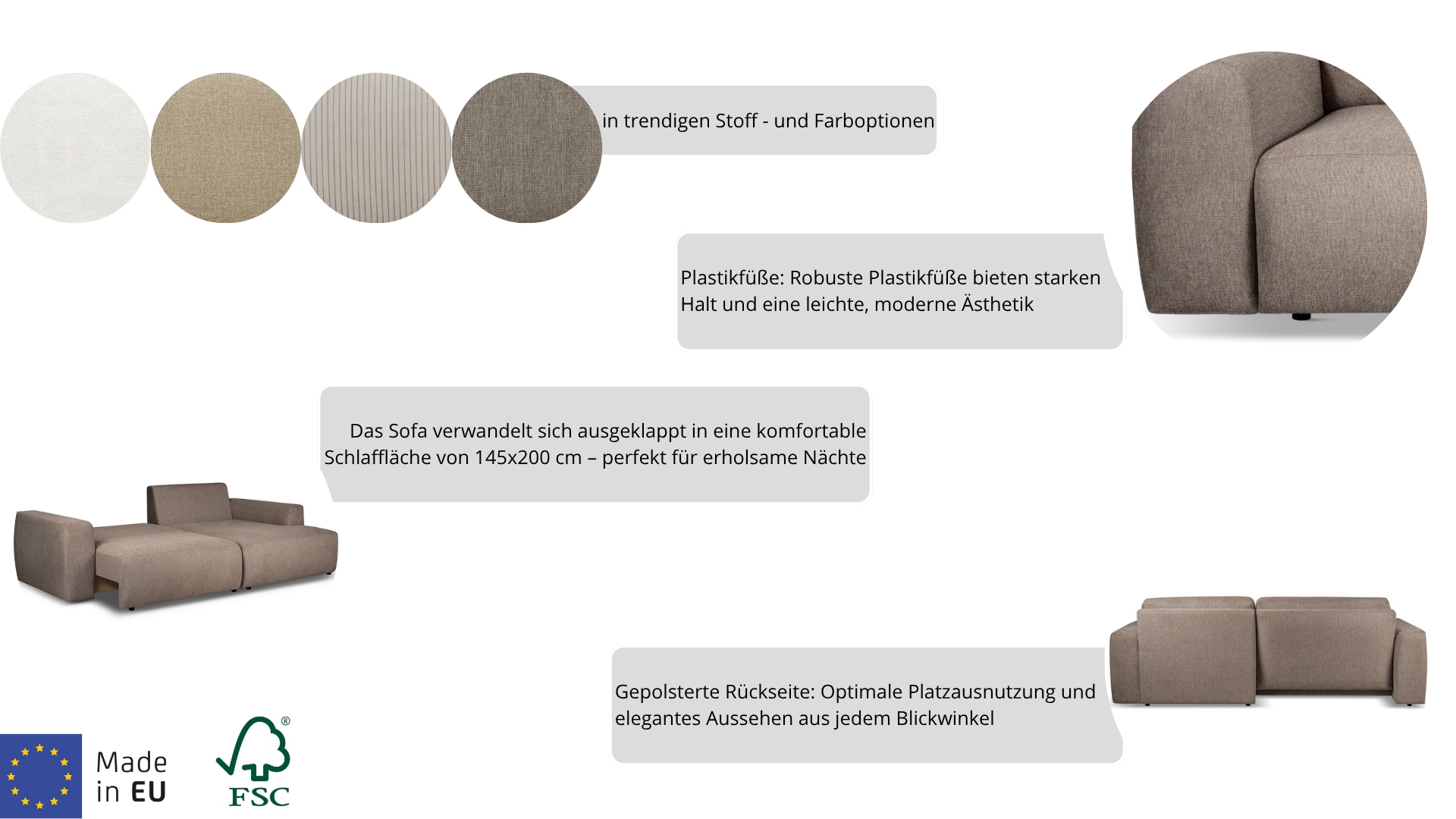 Home affaire Schlafsofa »Noord Schlafecksofa, Breite 250 cm« Cord, Struktur, Webstoff, mit Wellenunterfederung, Massivholzrahmen