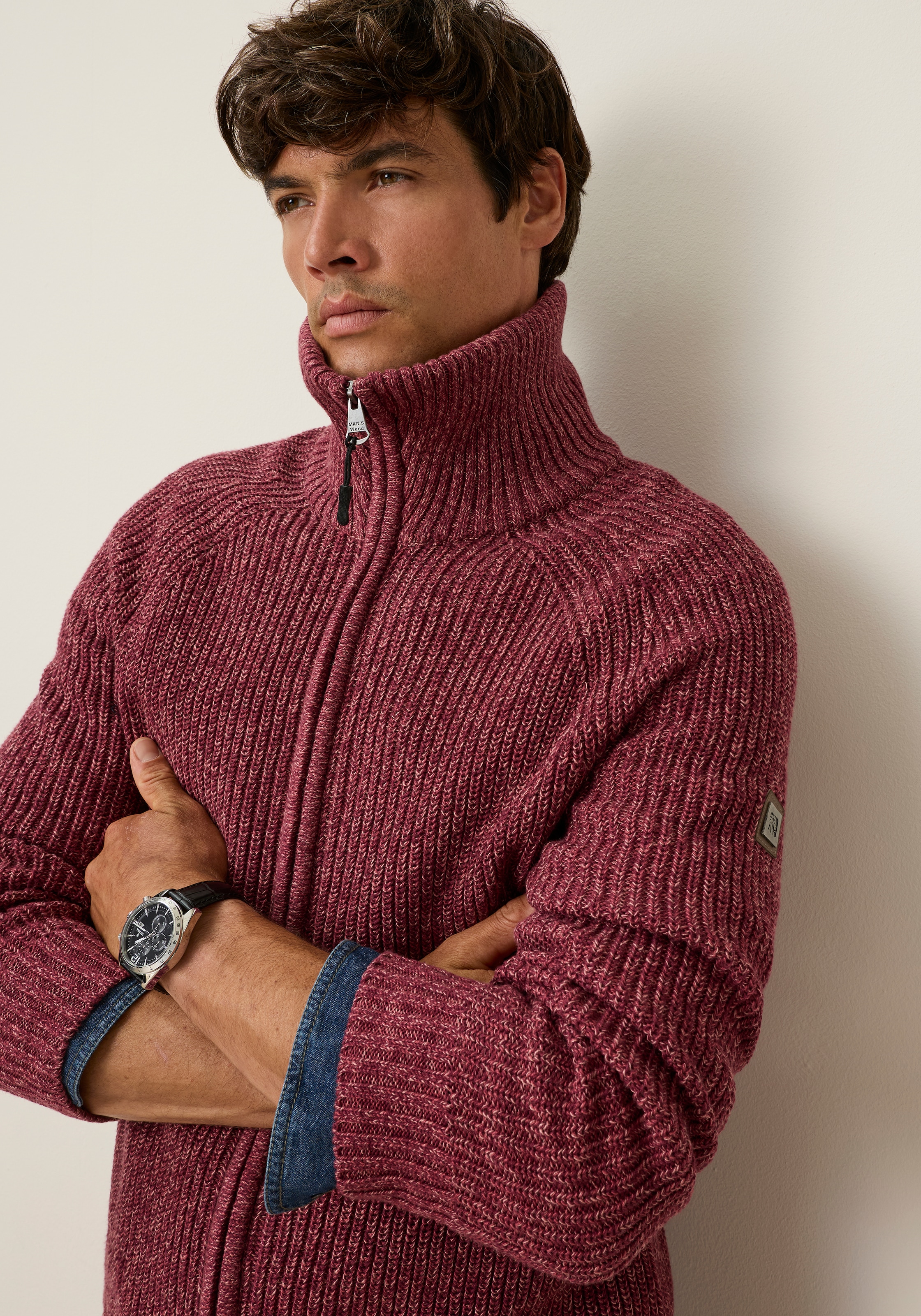 Man's World Strickjacke »Mit Stehkragen & Reissverschluss melierte Optik« regular fit, mit Raglanärmeln