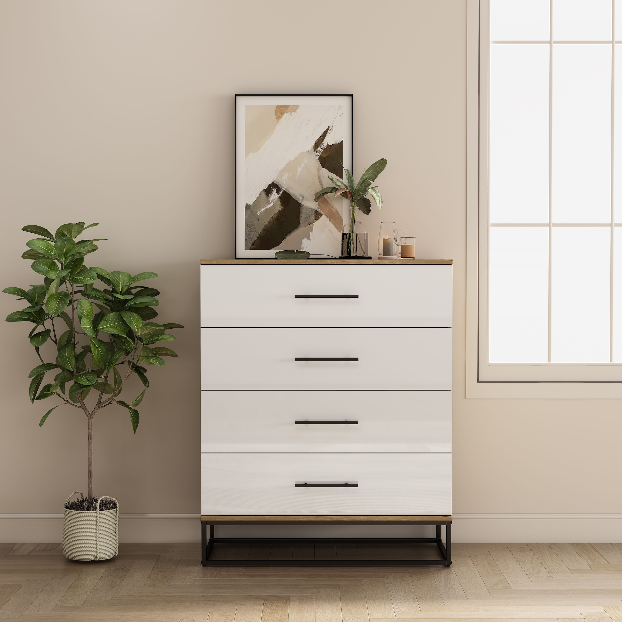 GOODproduct Schubkastenkommode »Lucca Sideboard mit schwarzen Griffen 4 Schubladen Kufengestell« Hochwertige Hochglanzfronten in weiss, 