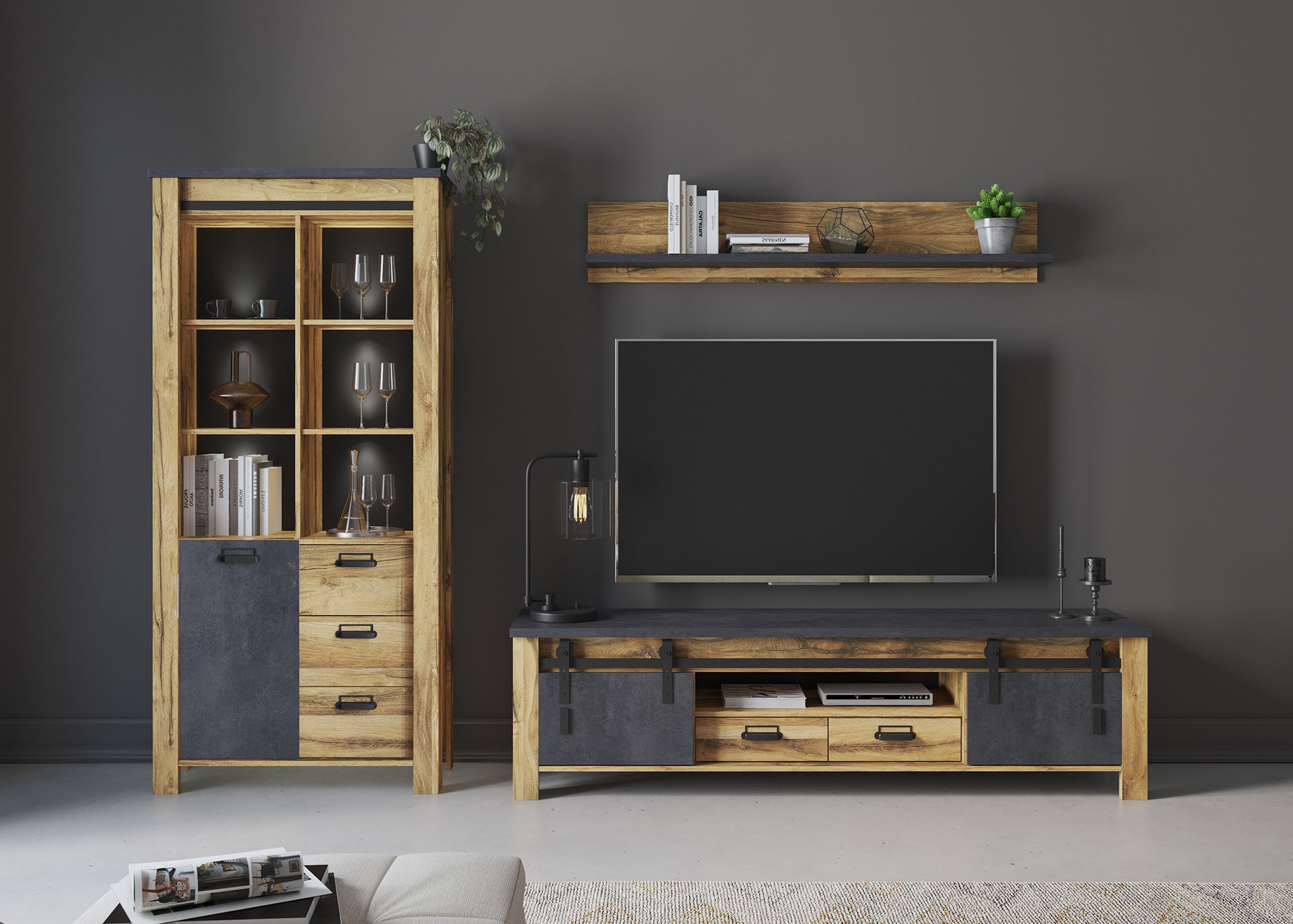 Home affaire Meuble mural »York, moderne Anbauwand, Wohnzimmer-Set in Hunton Oak, 201 cm breit« Komplett-Set, 3 cuis tlg.