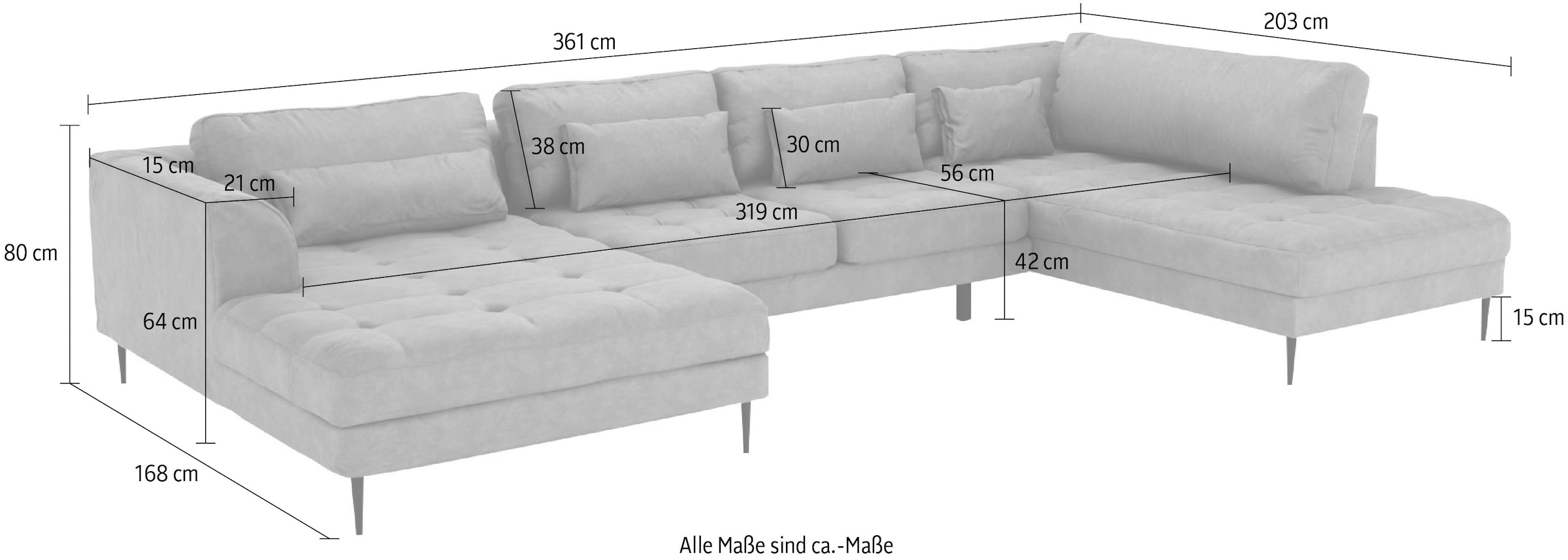 TRENDMANUFAKTUR Paysage de salon »Luzi, gemütliches Sofa, extra viel Platz, viele Kissen« Canapé design avec très bon confort d'assise, pieds métal noirs, largeur 361 cm