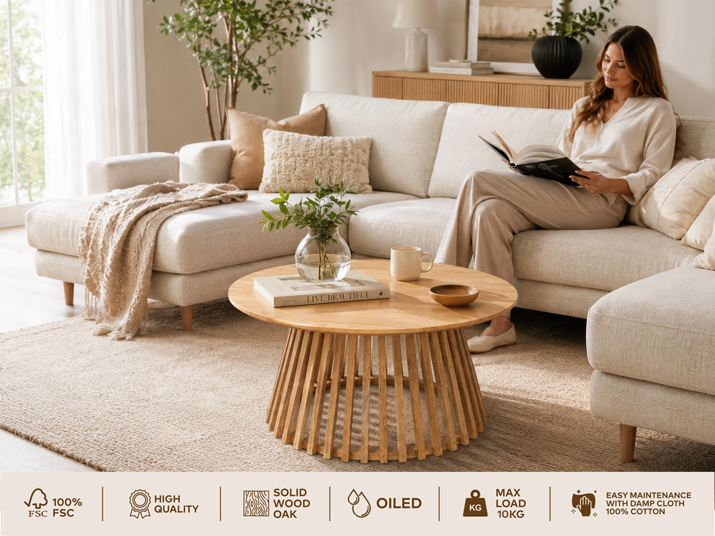 GOODproduct Couchtisch »Lovran, Wohnzimmertisch, Sofatisch, Beistelltisch, Kaffeetisch« Runder Tisch (Ø60) aus Wildeiche Natur/Smoke mit Konus-Lamellenfuss