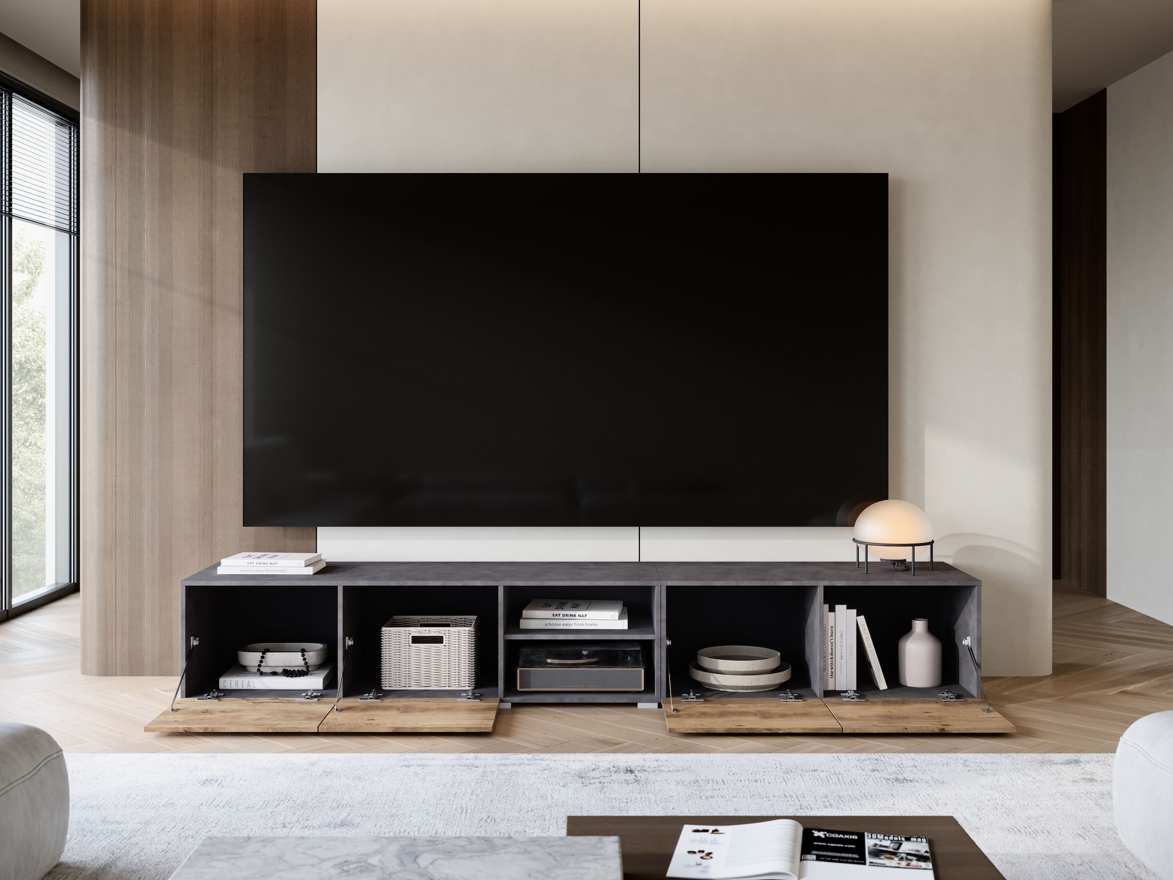 GOODproduct Lowboard »Denver 250 cm für bis zu 98-Zoll TVs - Weltmeisterschaft im XXL Format« Wahlweise mit oder ohne offenes Fach in der Mitte