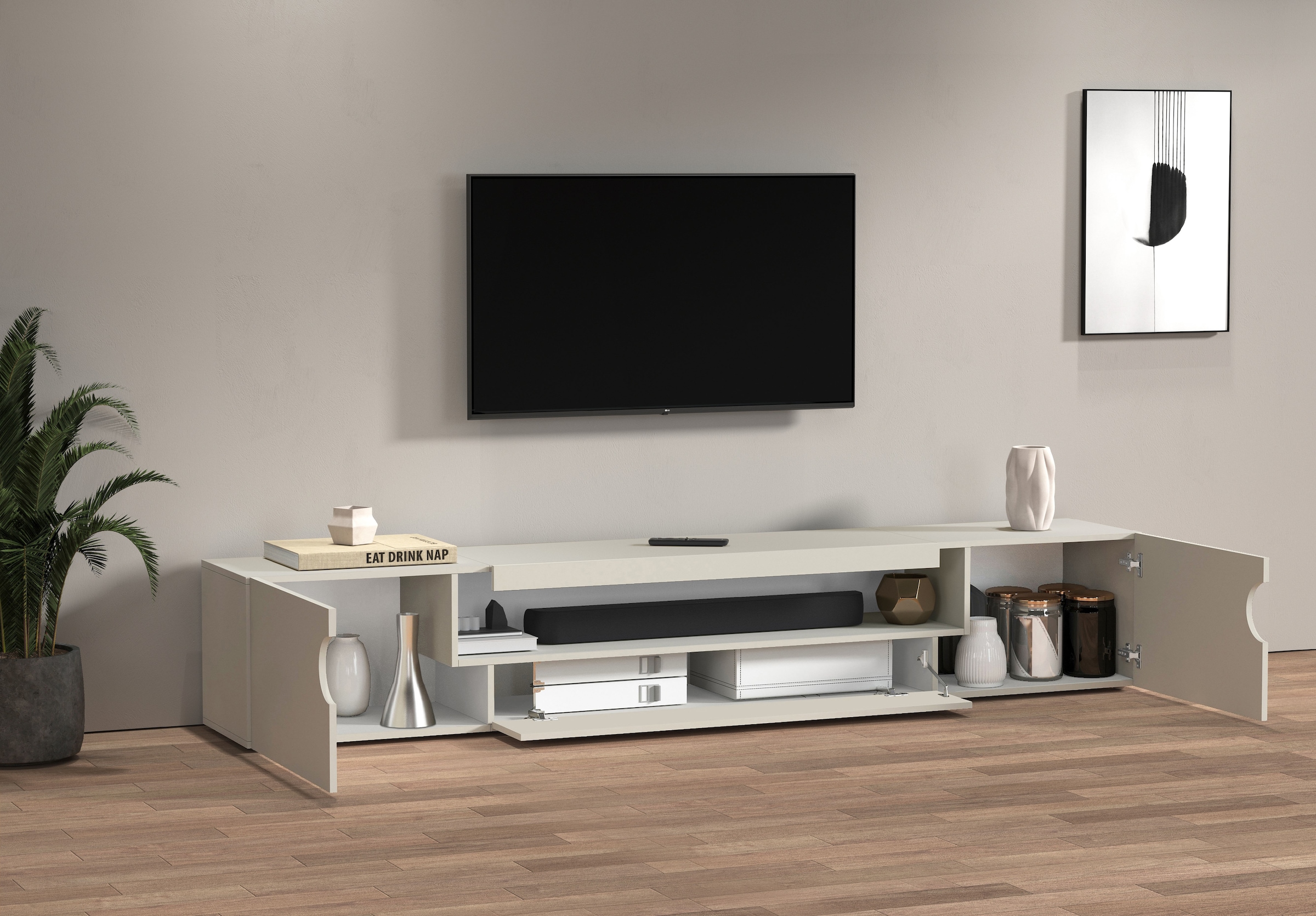 Home affaire Table basse »REAL TV-Möbel, 240 cm breit, 40/60 cm hoch, Hochglanz oder matt« mit 2 abgerundeten Türen, 1 Klappe, die ein ovales offenes Fach bilden