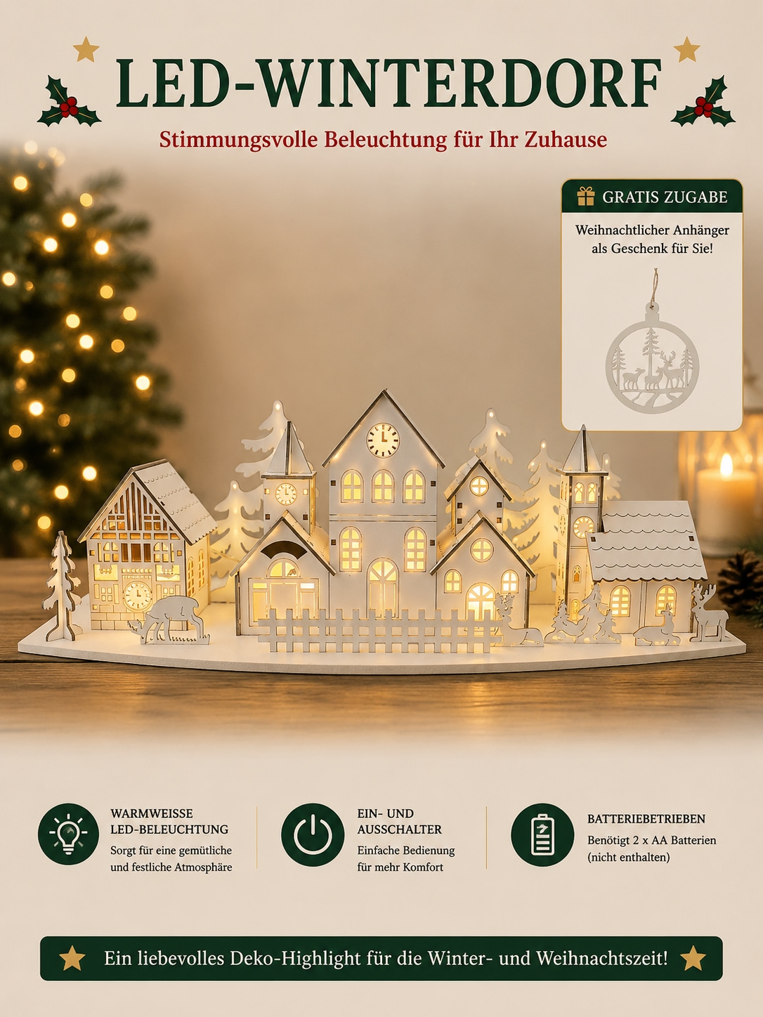 GOODproduct Weihnachtsdorf »Weihnachtsszene mit LED« kabellos, aus Holz