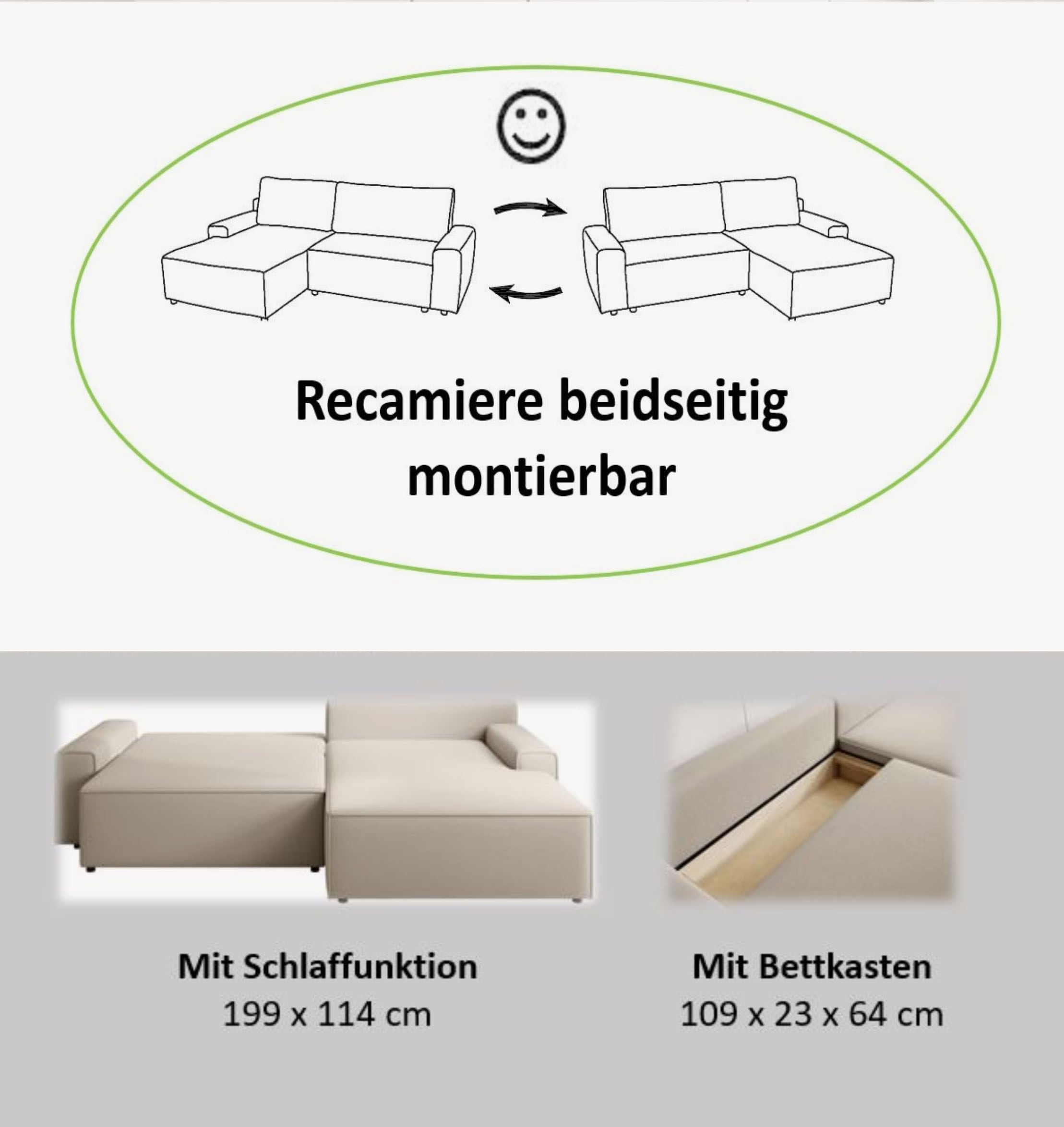 TRENDMANUFAKTUR Canapé d'angle »Challenge, Schlafsofa mit Bettkasten, Couch in L-Form, Breite 245 cm« recamière montable des deux côtés, aussi en velours côtelé tendance