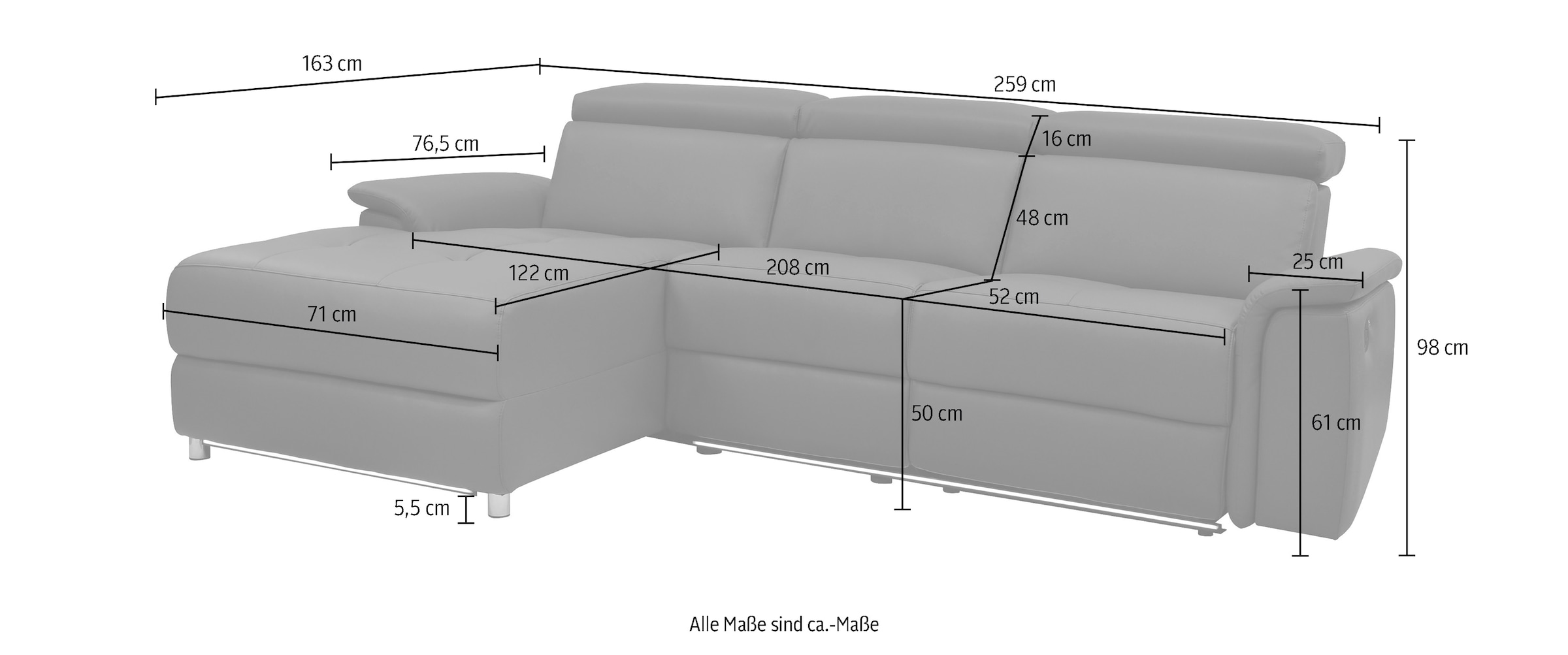 Home affaire Canapé d'angle »Pareli, L-Form, 259cm,m. Recamiere, Echtleder, Kunstleder, Webstoff« man. o. elektr. Relaxfunktion, USB/Kopfteilverstellg u. LED