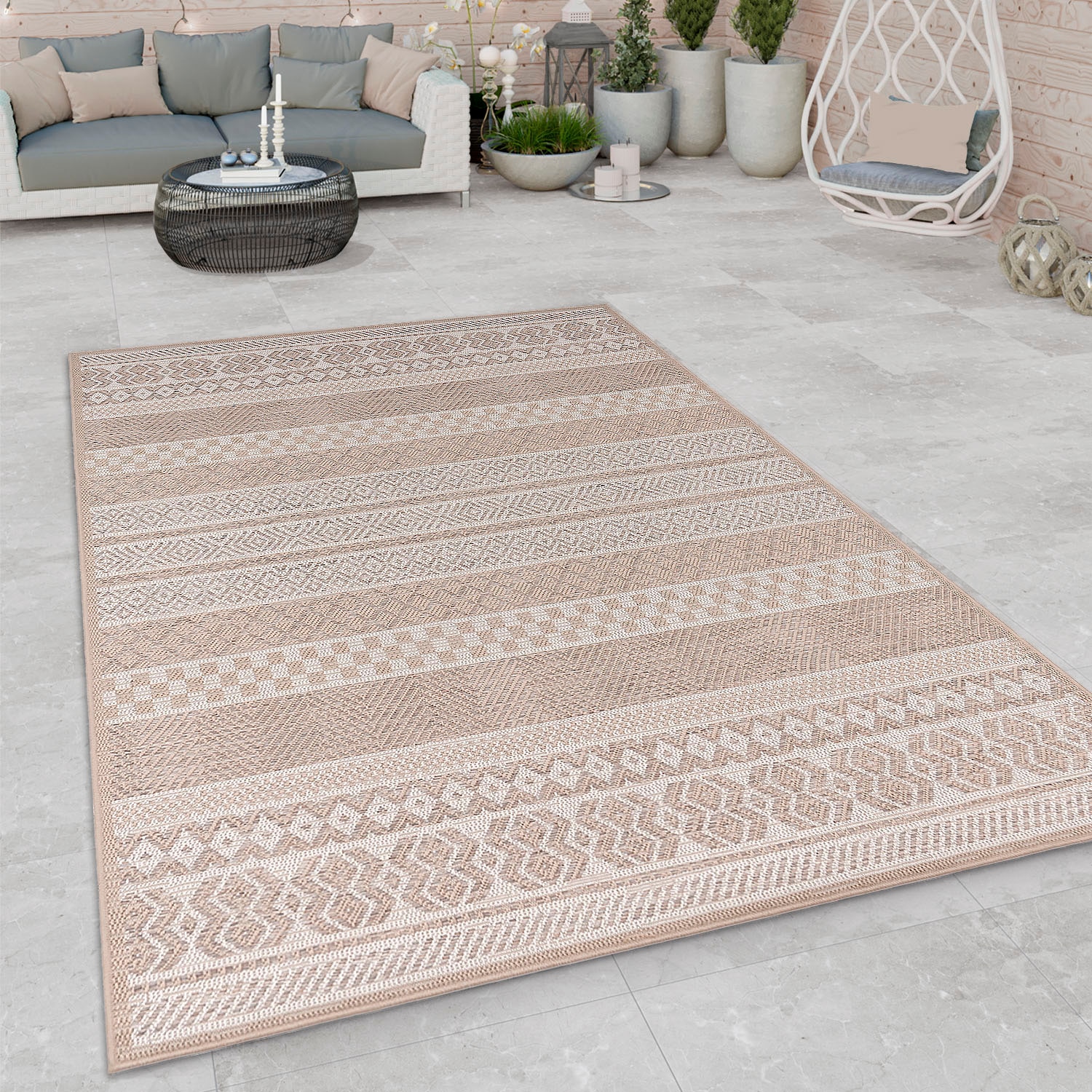 Paco Home Teppich »Vermont 183« rechteckig 4 mm Höhe Flachgewebe, modernes gestreiftes Design, In- und Outdoor geeignet